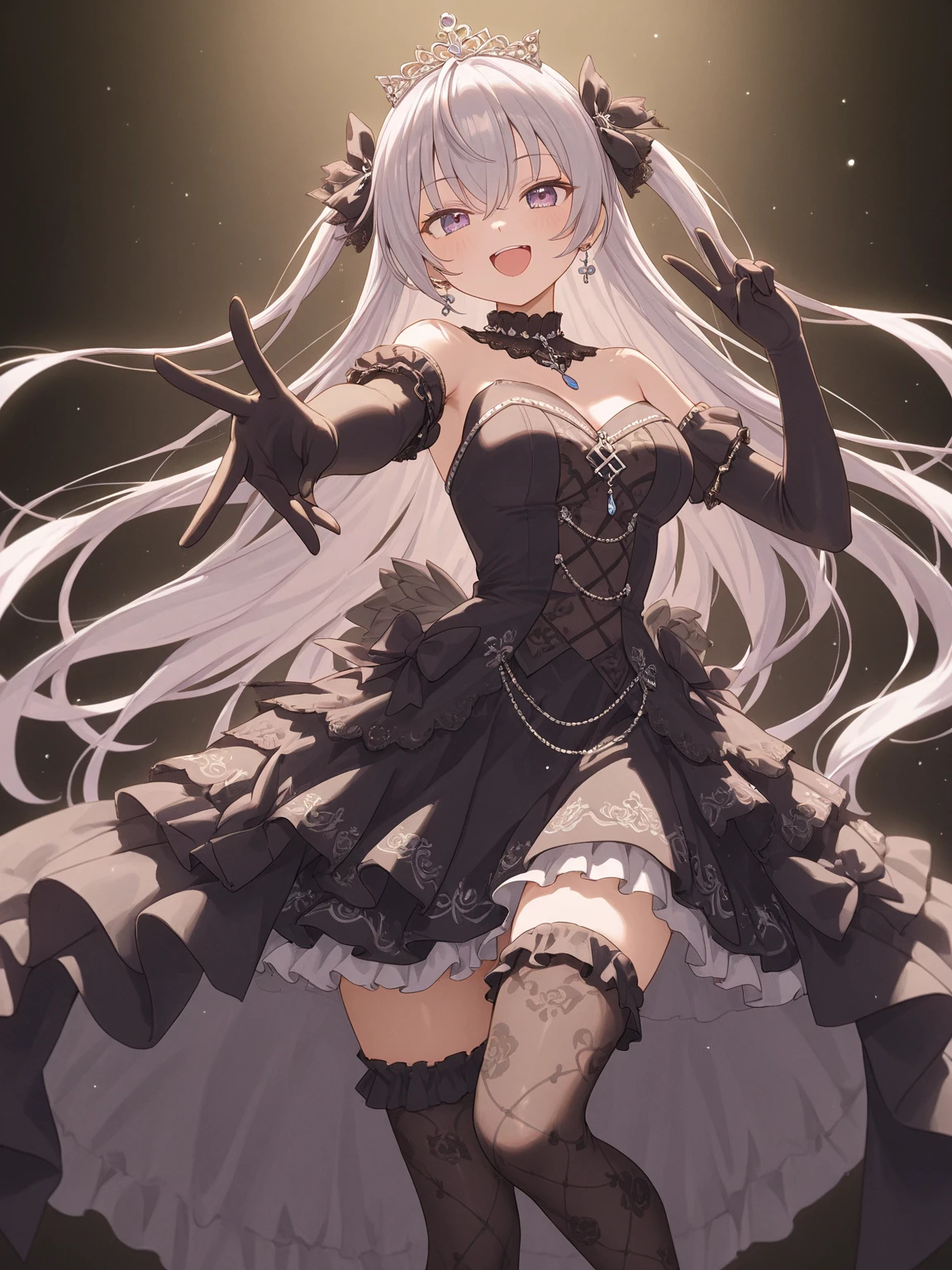 A girl，Long hair, bangs, White hair, Hair between the eyes, s eyes:（1.5),  (Medium breasts:1.2), 
rest clavicle, Wedding dress，Veil，wedding，Black dress，Flowers，The skirt is broken，Black socks，Black knee socks，Black gloves，boots，Cleavage，
Looking at the audience, whole body,
indoors, church，permanent，permanent，Smile，With one eye closed，
rest (masterpiece:1.2), best quality, high resolution,  8k wallpaper, (illustration:0.8), (Beautiful and delicate eyes:1.6), Extremely detailed face, Perfect lighting, Extremely detailed CG, (Perfect hands, Perfect anatomical structure),
