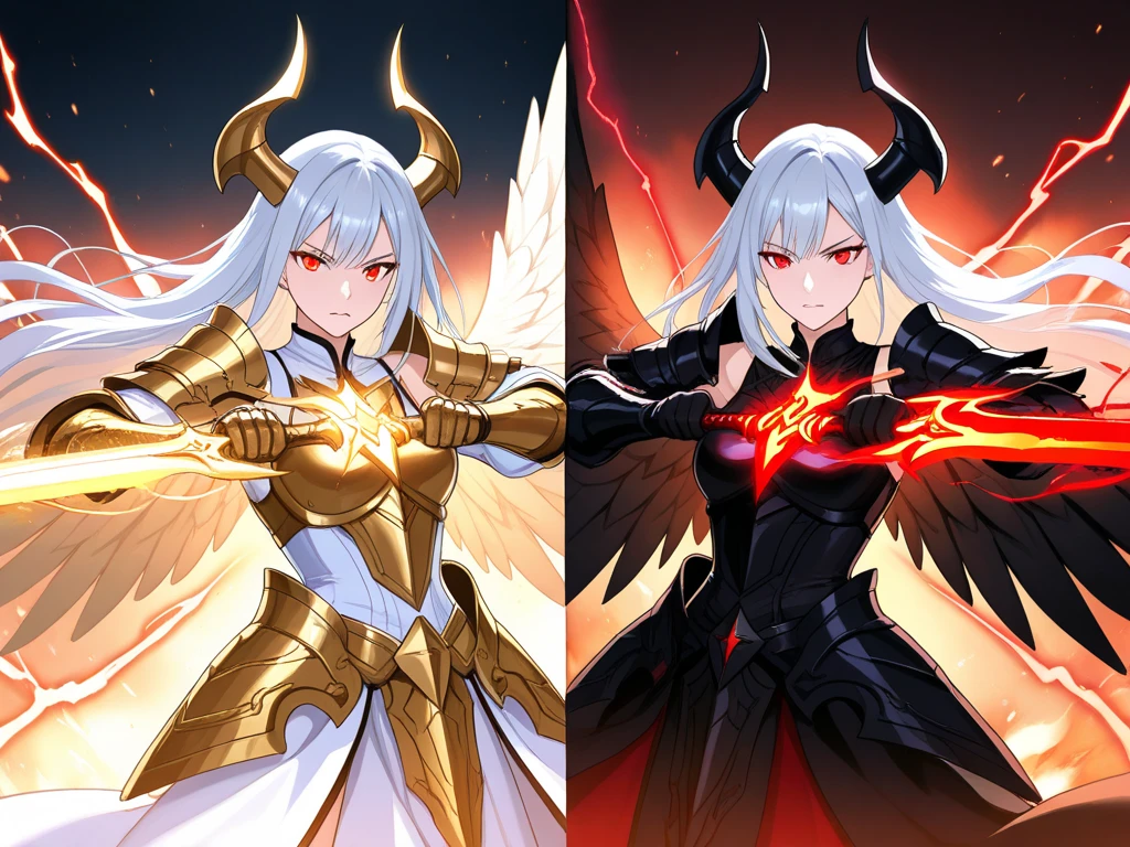 ((((Spear)))), ((Lightning Power)), ((Electricity)), ((Fire Background)), ((Lightning Storm)), ((Power Erupting)),(((android 21))), (((white Coat))), (((Busty))), luxury bustier corset, ((silver hair)), (((Very slim waist))), propotional body, ((Gorgeous)), (((gold wings))), masterpiece, hyperdetail, ambient effect, digital effect, (((FIRE Spear)), (((Lightning Spear))), (((Fire Gold Armor))), (((Lightning Gold Wings))), ((Fire Demon Horns)) ,((((Golden Spear))))