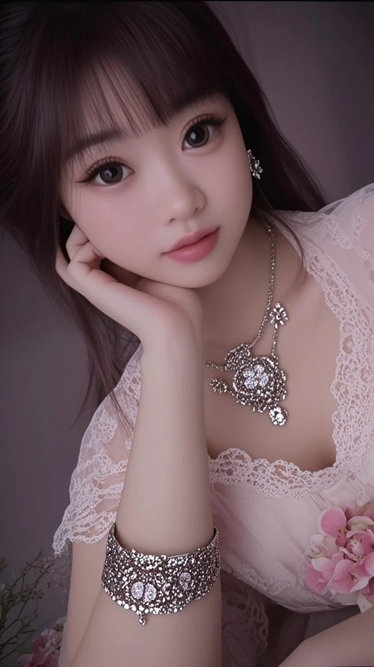 ((knee shot)), Satellite view, Bird's eye view, ((actual)), 1 Asian female model, A young girl, (closeup cleavage), (Lie down in bed, Cross ed leg), Pleasing posture, Various postures attract attention, Flirting skirts, detailed scene, slender leg, curlies, hair pin, beautiful hair ornaments, Brownish-yellow hair, light make-up, blush blush, gloss on the lips, (Hanfu), ((White flower hanfu, draped in silk, DEEP-V COLLAR, high-waist, nice belt)), (white colors, in pink, purpleish color, cyan colors), ((warmly lit, Warm color palette)), (Extremely high color saturation), detailed detail, ultra - detailed, (tmasterpiece, Best quality), (An extremely delicate and beautiful work), elaborate earrings, delicatenecklace, simple blurr background, Extremely detailed description, Ultra-fine painting, s delicate face, slim toned body, Slimming the waist, (happy grin), (Anatomical correct)