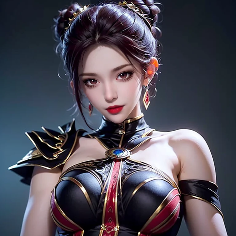 (high quality), (masterpiece), (detailed), 8K, Surreal elastic futuristic depiction (1 girl 1.2), high ponytail,Chinese character wearing complex armor. Meticulous details reflect the fusion of tradition and innovation, Create visually stunning and powerful compositions. Popular topics on ArtStation,Upper body shot,Character centered,from below