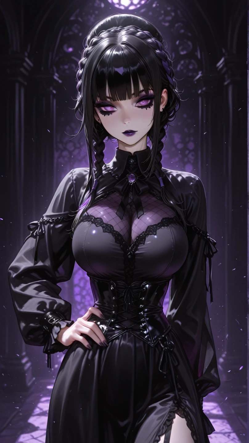 Gothic masterpiece, submissive woman, 19, wearing black and purple striped stockings, forearm sleeves, and a shibari harness. She also has a skull-themed beret, goth makeup, and a voluptuous figure, exposed navel, deep cleavage.