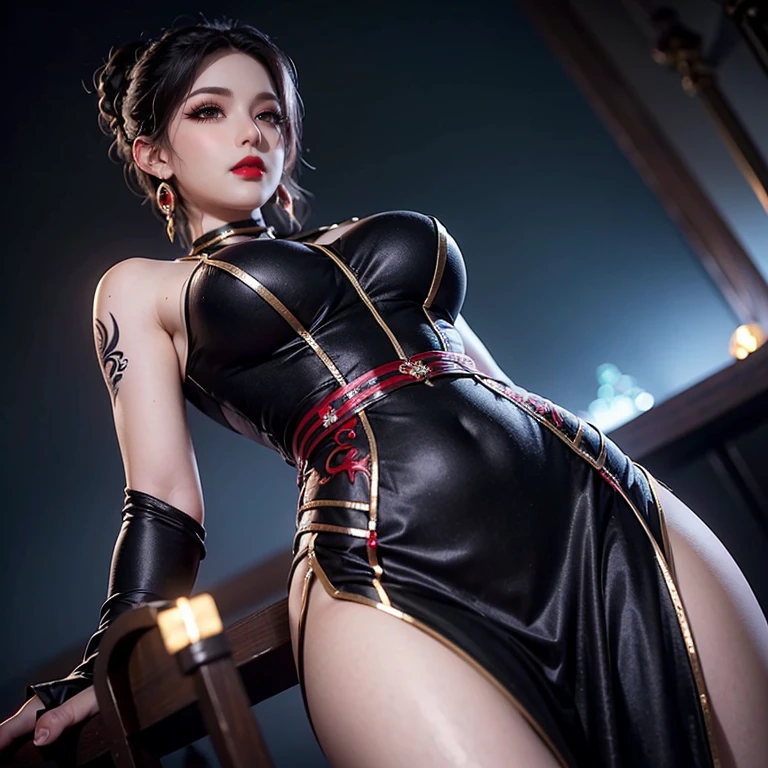 Best quality,masterpiece,ultra high res,(photorealistic:1.4),xiuxian,weapon,Detailed face, 1girl,solo,weapon,cleavage,(magic circle:1.2),xiuxian,upper body,Beautiful girl,full body,huge breasts,east asian architecture,sheath,architecture,