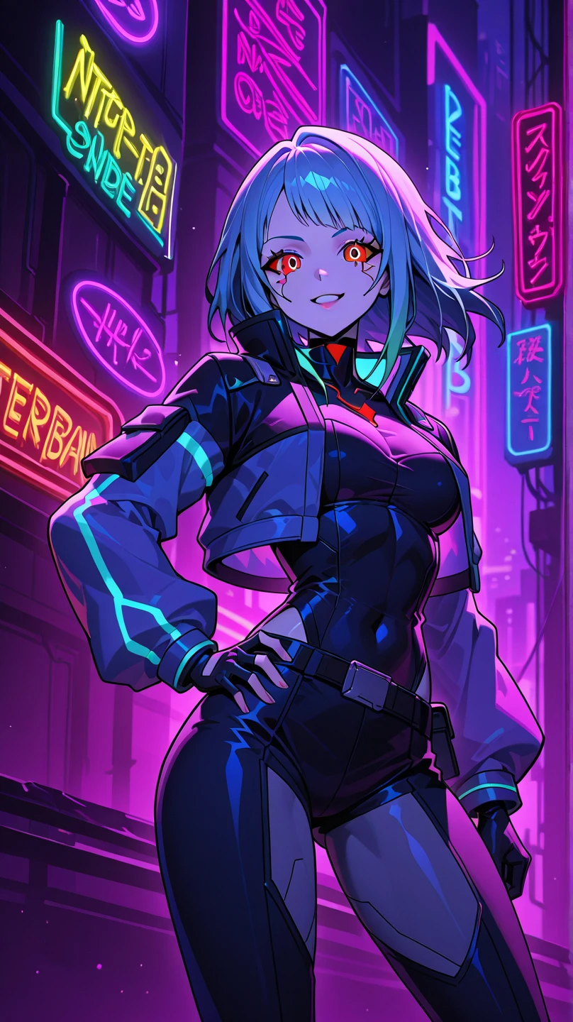 work of art, best qualityer, ultra detali, illustration, epic lighting, film composition, 1 girl, cute, red sclera,red pupils, cyborg, tatoo, hair green, colored fur,  small, Black jacke, standing, legs apart hands with black gloves with yellow details, lovely gaze, captivating pose, trunk:1.1, gazing at viewer, pretentious smile, cloused mouth, plein-air, citys, cyber punk, neon lights, Street, (natta, tenebrosa, tenebrosaness, tenebrosa como breu, eyeshadows:1.4), (8K:1.1),  