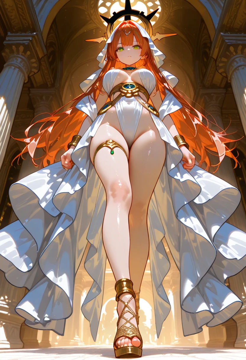 Best quality, 4k, high resolution, body stuck dress, perfect smile, gorgeous, light skin, (ichigo),orange hair, wearing bodystuck long dress,(long sheeves), clothes are stuck in body, bodyfit outfit,1 girl, solo, seductive look, elegance and charm, (masterpiece, best quality, high resolution), looking at the viewer, standing, (intricate and beautiful:1.2), (detailed light:1.2), (soft light, side light), (high resolution textures) , holding leash in hand(chain leash), outdoor, Burmese girl,wearing bodcorn dress(white colour) with pink line ,wearing gorgeous jewelary, wearing harness over the outfit ,outdoor background, sun light, attractive, sexy, mature and hot, young,(masterpiece:1.3), (disorganized:1.3), (highest quality:1.3), perfect anatomy, detailed face, front view, perfect right hands, looking at viewer, (Super detailed:1.3), (best shadow:0.7), (treated hair), fine eyes, beautiful eyes, young aged woman, alone, standing, crystal earrings,closed_mouth, , outdoors,Thick thighs, arrogant face, small