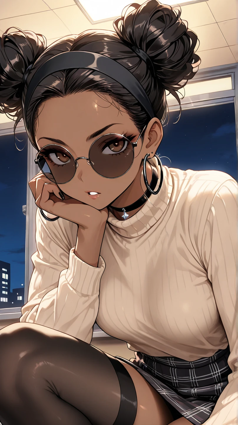 1 human girl, beautiful, in a beautiful room, balcony view, masterpiece, lights, highly detailed, upper_body, Round_breasts, looking at viewers, wearing a Knit sweater dress with cable patterns, sitting on a chair Crossed Ankles, Leaning Forward, Hands on Knees, Eyes Large, almond-shaped, dark brown, Nose Narrow and slightly hooked, Lips are Medium, natural pink, Hair Long, straight, dark brown, Skin Tone Warm medium with a golden undertone, Eyebrows Thick and arched, Cheekbones is High and defined, Chin is Rounded, ears are Small and close to the face, Resilient and determined