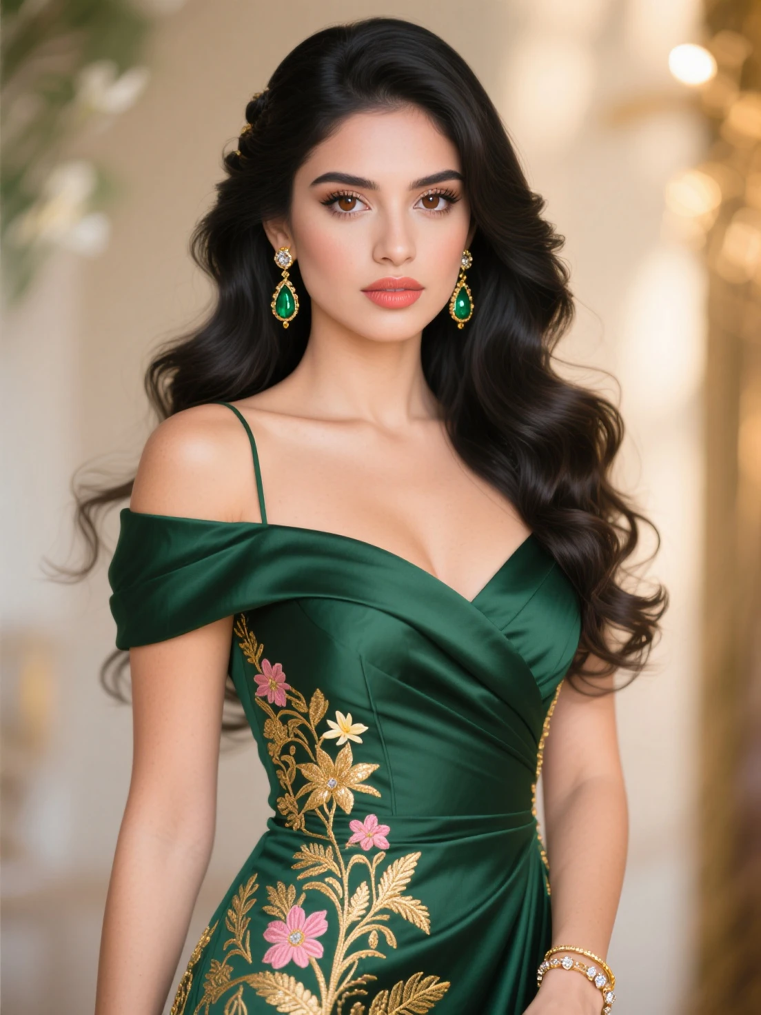 Mulher morena linda em um vestido preto decotado, corpo perfeito, cabelos pretos volumosos, desfilando em uma passarela, detalhes intrincados, 16k