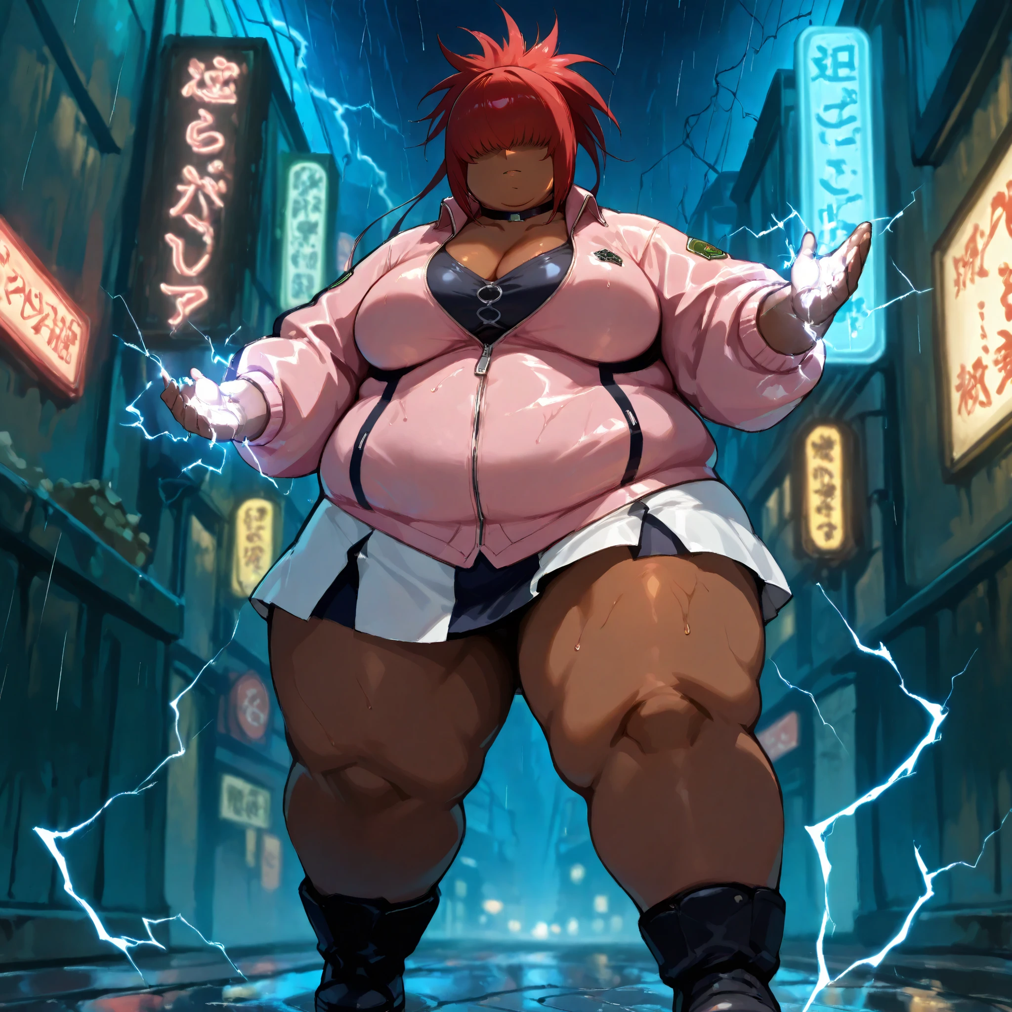 score_9, score_8_up, score_7_up,score_6_up, score_5_up, score_4_up , 1girl, solo,
large breasts,
shermieDG,
split ponytail, long hair, bangs, hair over eyes, red hair, dark skin
miniskirt, jacket, pink jacket, choker,cropped jacket, full body
city, night, neon lights, rain,
fighting stance,
from below,
electricity, magic,