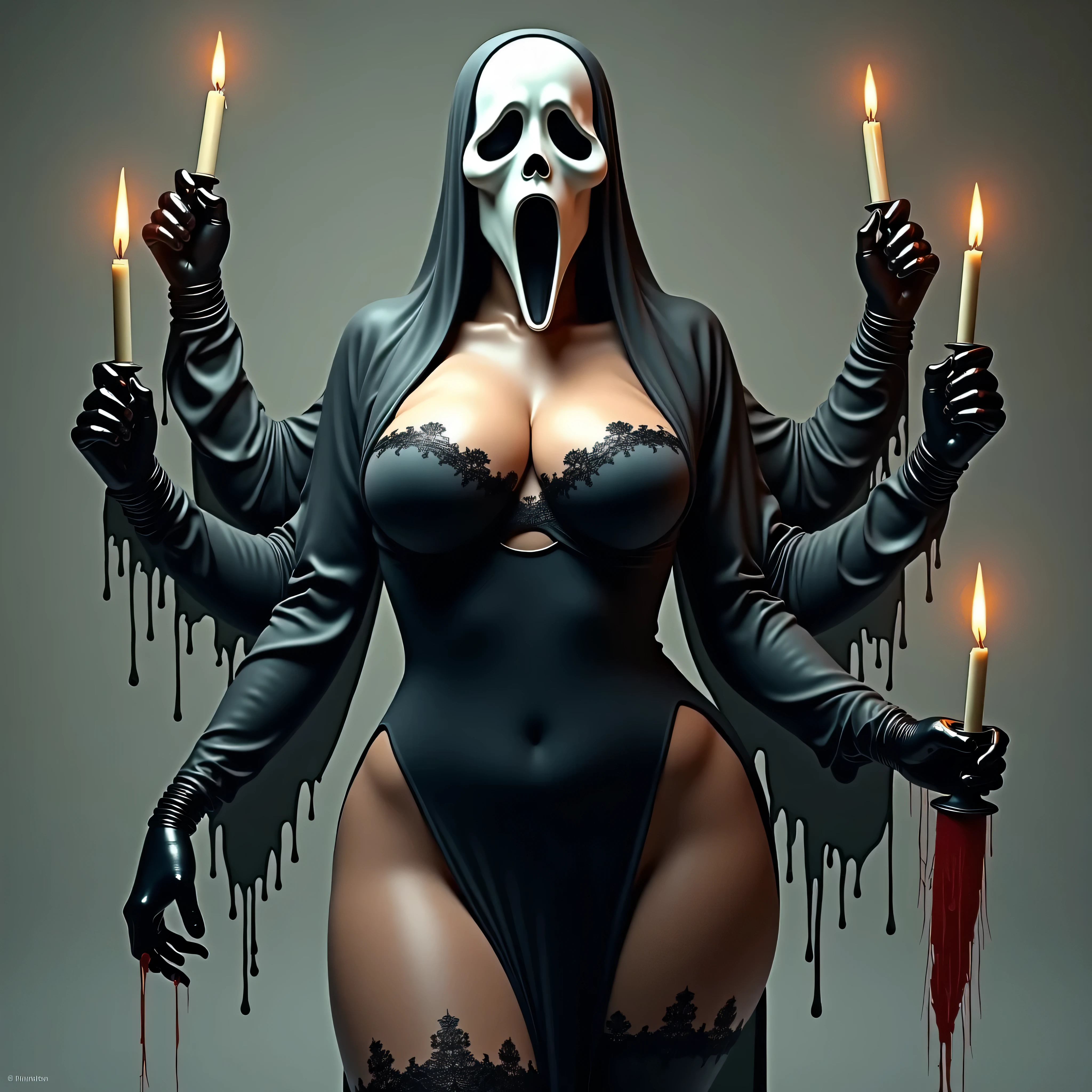 bs, solo, simple background, monochrome, upper body, greyscale, bodysuit, black background, 1other, monster, arms at sides, horror (theme), (((big boobies))), (latex brassiere)