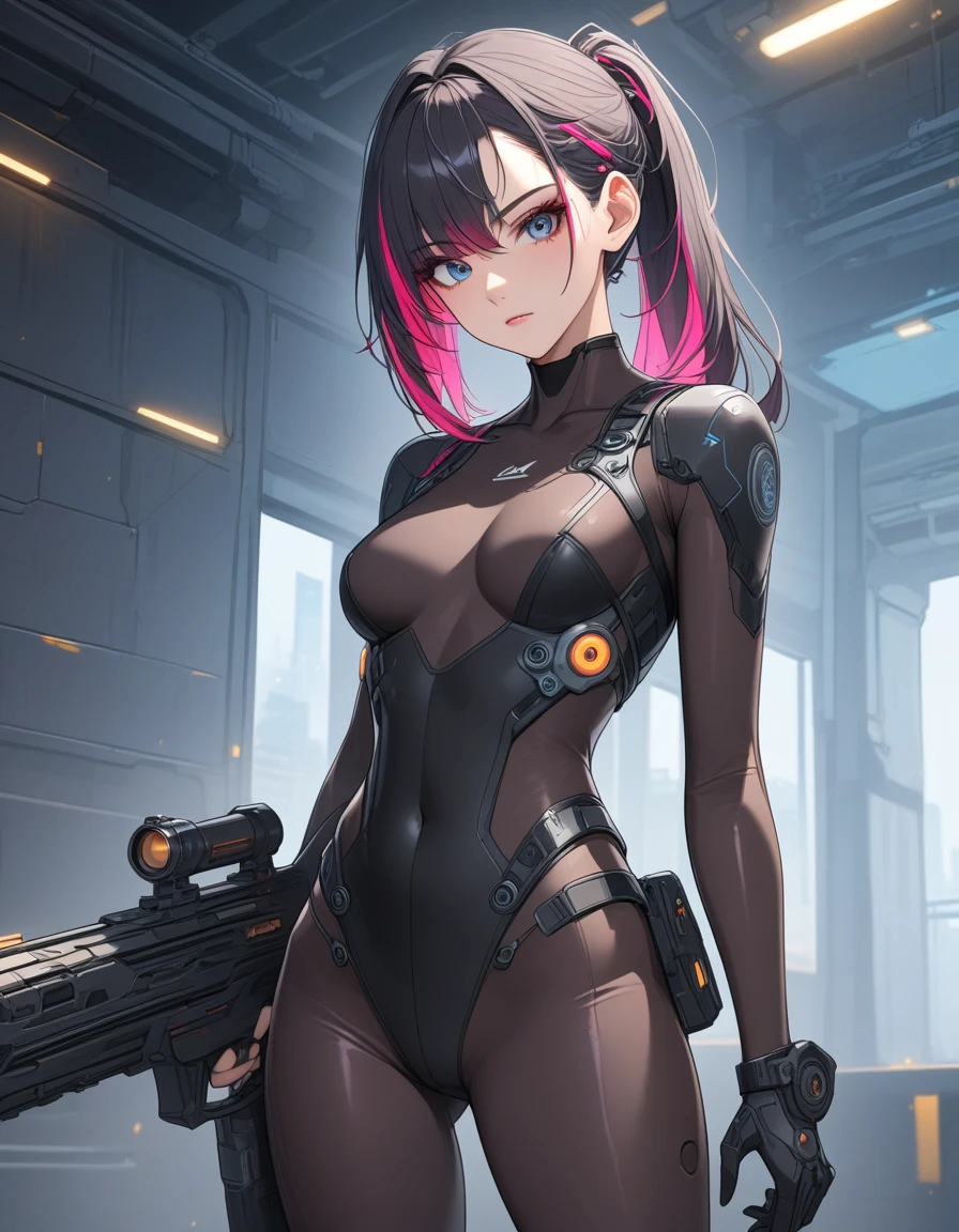 best quality,masterpiece,girl with a powered exoskeleton,standing upright,sf,outdoor,extremely long hair,spreading hair,ivory hair,wet,1 girl,hair strand,Fair skin,blunt bangs,
