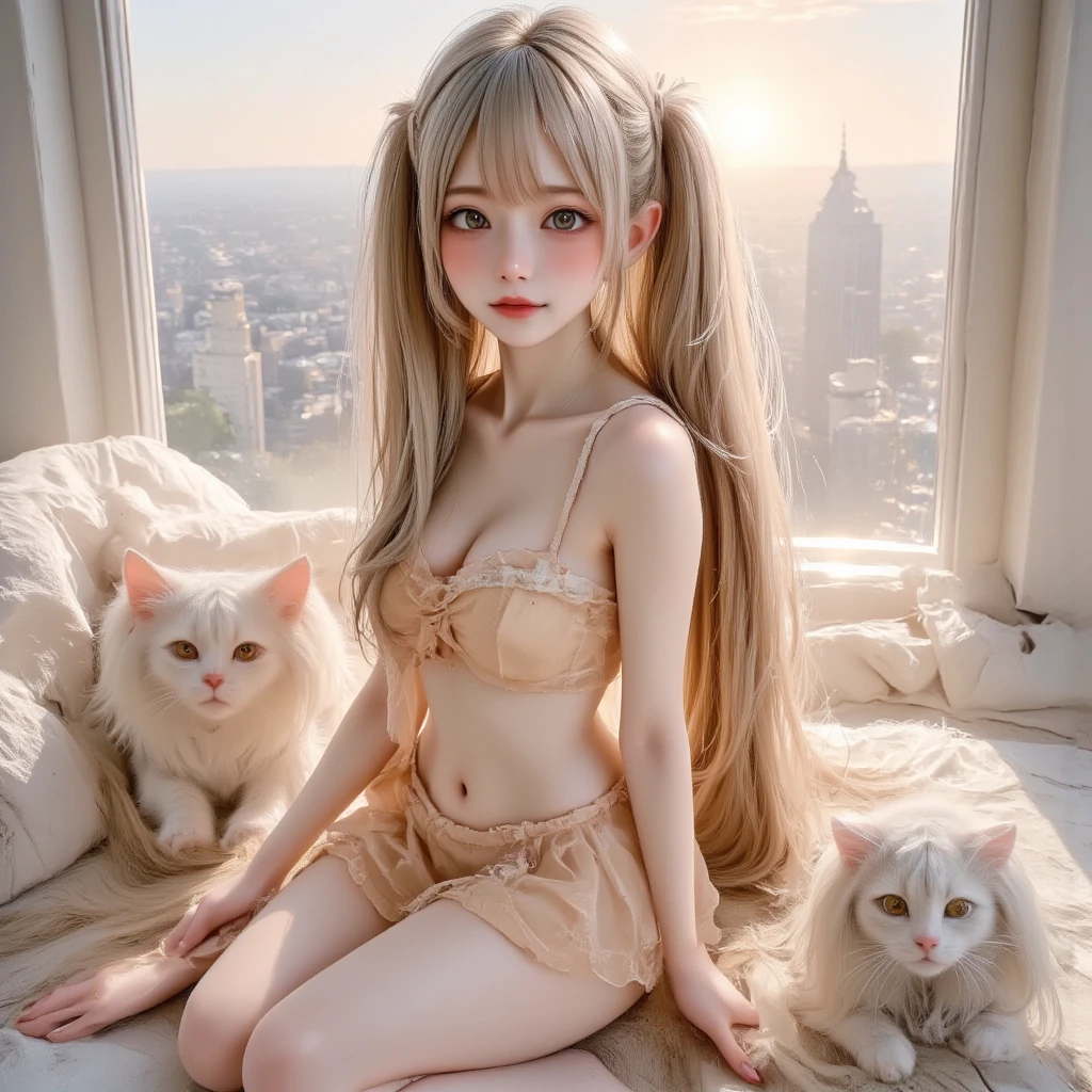 Naked、fullnude、All Nude、toppless、Panties、White High Heels、Nasty atmosphere、Flushed face、Embarrassed look、SQUATTING on the ground、Peace sign with both hands、M-shaped legs、Thigh opening、One-legged float、stick out chest、Good Smile、squatt、Outdoor exposure、Ekimae Boulevard、Bustle of the city、cat ear、