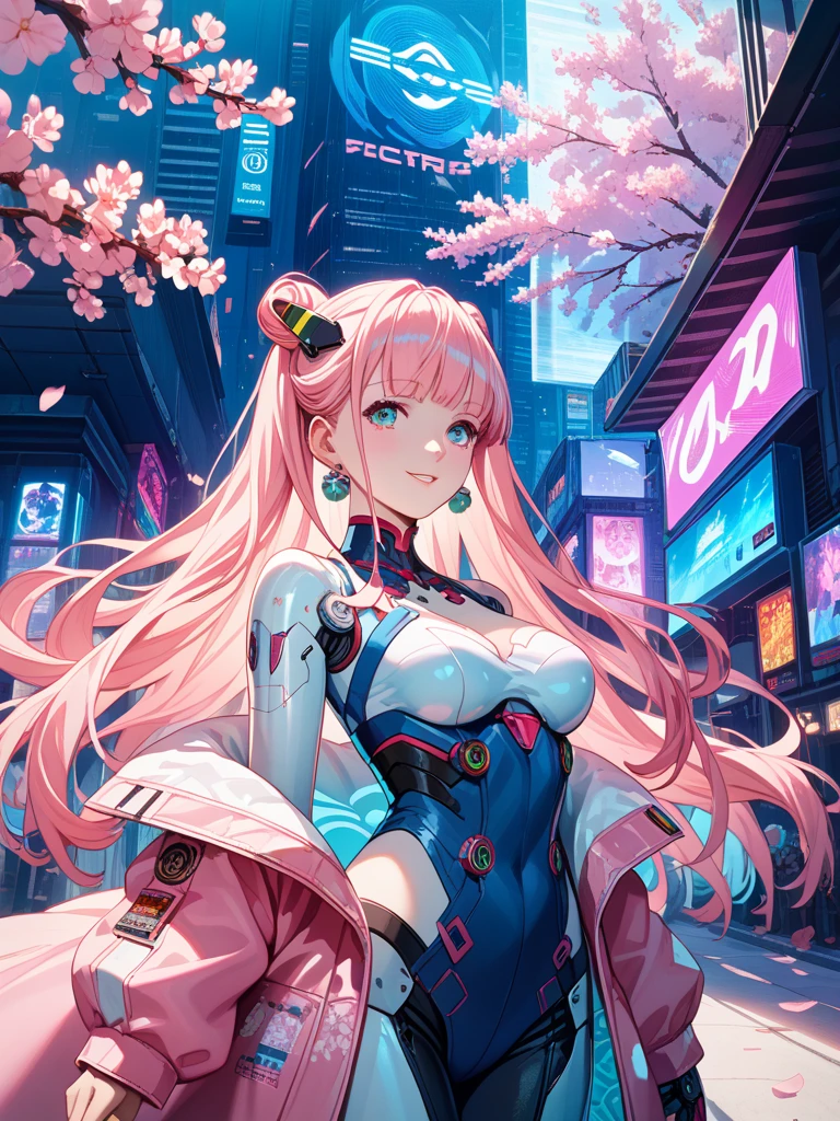 4K,High resolution,one woman,blonde,long hair,pink eyes,big breasts,wizard,white tight cyber suit,pink skirt,pink headwear,White cane,city of the future