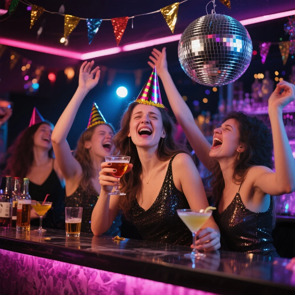 a group of women having fun in a nightclub in sweden, funny hats, view to camera, full body, realistic, 4k, sharp focus, detailed,