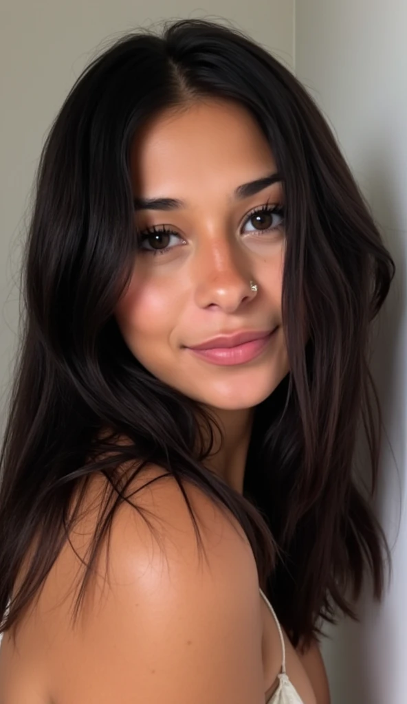 A highly realistic selfie of a 21-year-old Colombian woman named Emily, taken from a slightly elevated angle in her cozy bedroom. Emily is capturing her natural beauty with her phone, showing a close-up of her face. She has long, naturally wavy hair that transitions from a rich dark brown at the roots to a soft blonde at the ends, styled in a casual, everyday look. Her eyes are a warm blend of light brown, honey, and green, full of life and expression. Her fine, handsome face features full lips, slightly rounded nose, and high cheekbones typical of her Colombian heritage, with her lips naturally closed. Emily’s deeply tanned skin glows with warmth, accented by subtle imperfections like light freckles and minor blemishes, giving her a realistic and human appearance. The soft, natural lighting from the bedroom window adds to the authenticity of the scene, creating gentle shadows that enhance the realism. The background shows her simple, tidy room, blurred enough to keep the focus on her face. The image is rendered with cinematic quality, capturing every detail in a lifelike, hyper-realistic manner, making her appear as a real girl, not a robot.