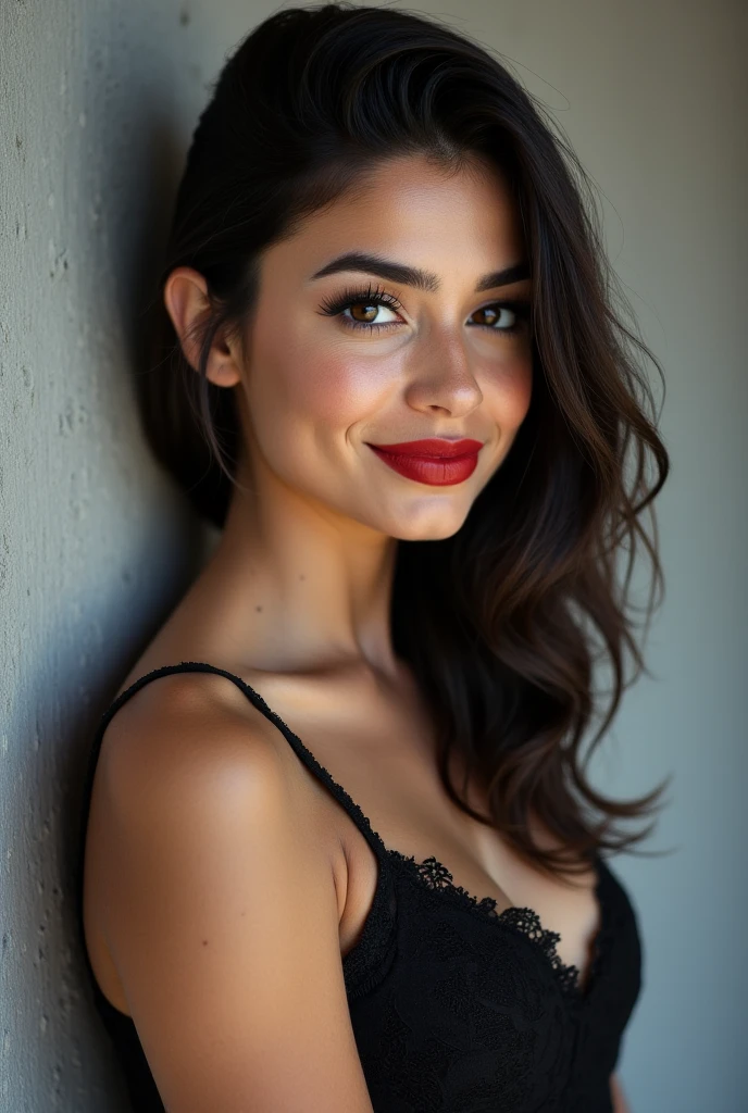 Woman in her 30s with dark wavy hair, beautiful smile and big eyelashes. smiling, sensuality, elegant scene. fancy hairstyle
