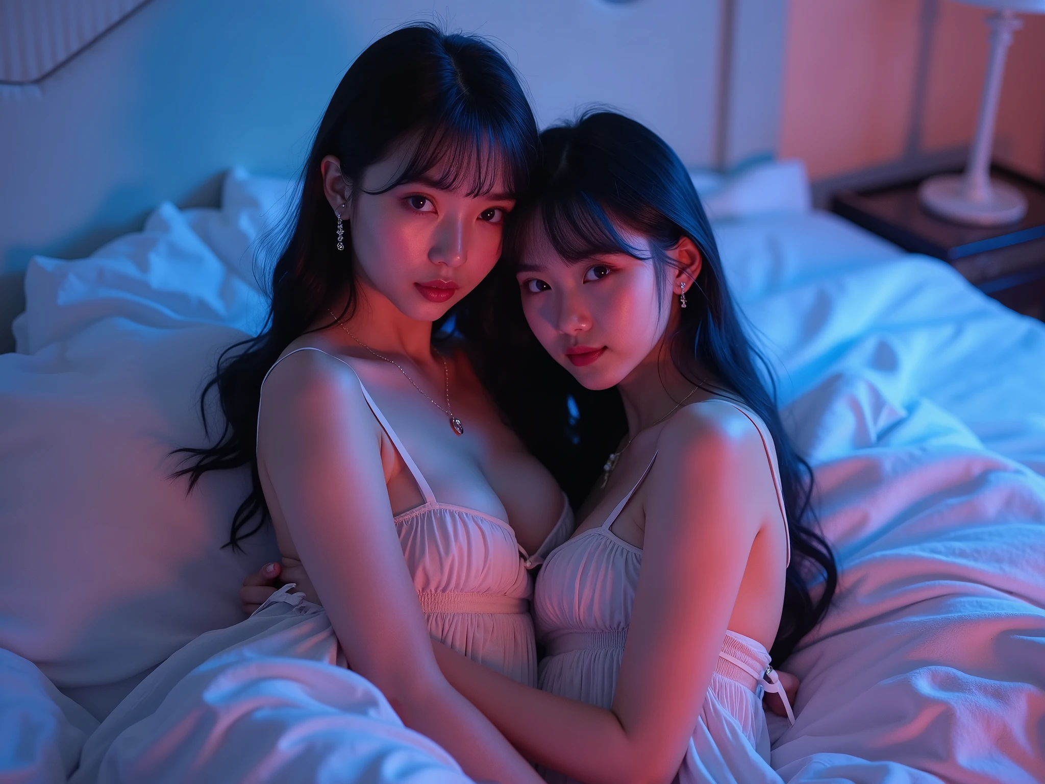 real photograph:1.4, (Top image quality, 8k, ​masterpiece), top-quality, 超A high resolution,2 Japan Girls,ld, pretty face,  lace bra, kawaii faces, Melancholy look, double eyelid、White breasts: 1.4、long hair and Bob hair、night modern room、window, Twinkling starry sky and big moon, Movie Lighting, Photorealsitic, real looking skin, NFSW, 35mm, Shot with Leica,
