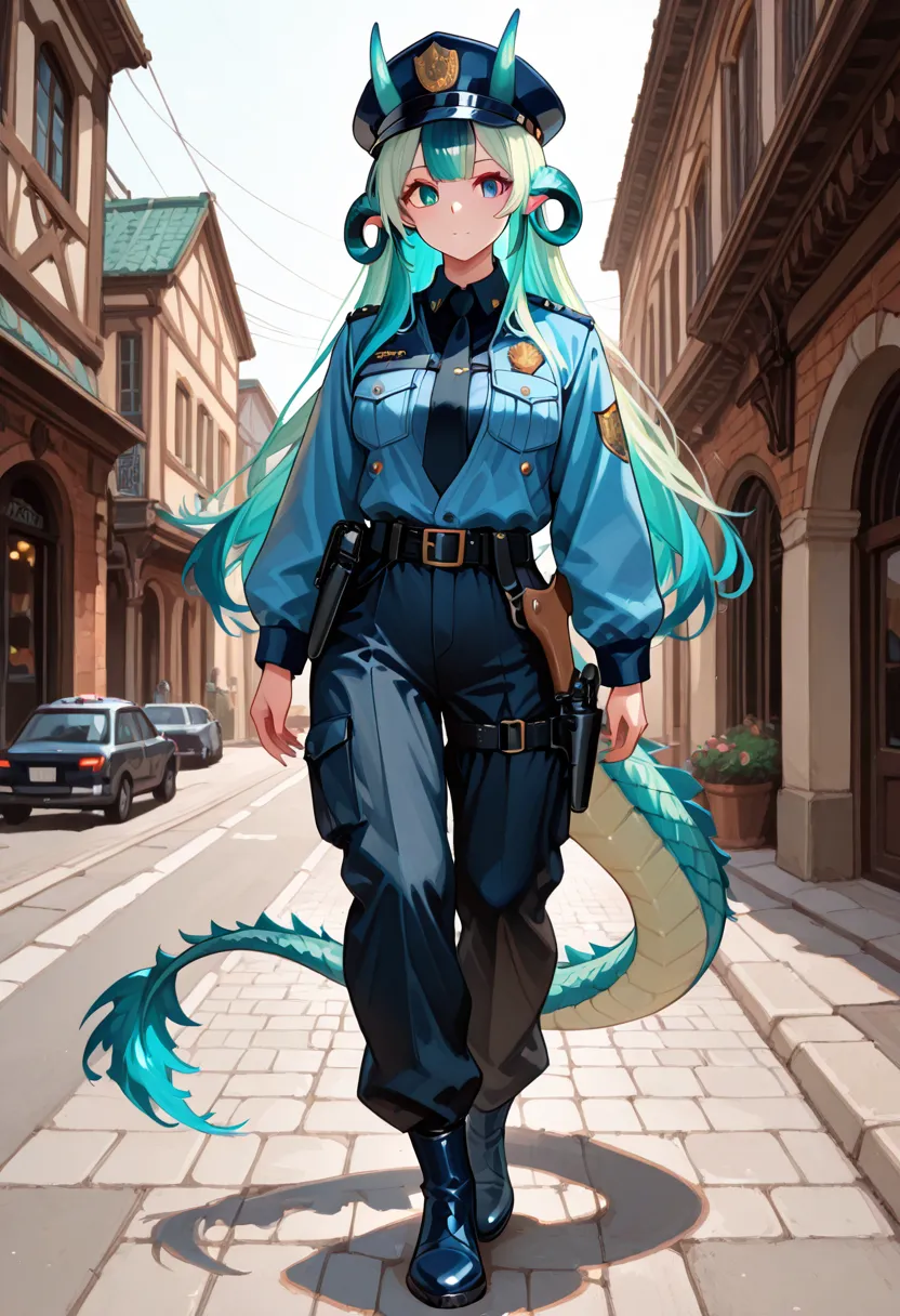 ((best quality)), ((highly detailed)), masterpiece, extremely detailed face, beautiful face, (detailed eyes, deep eyes), (1girl), upper body, <lora:hairdetailer:.8>, <lora:Change-A-CharacterGCop:.9>, GCop, uniform, vest, belt, necktie, collared shirt, shirt tucked in, pants, shoes, gloves, <lora:aiomonstergirls_loraLocon:.6>, <lora:animeLamia_v10:1>, (lamia), scales, tail, merged at waist, standing, (cyan scales), <lora:slit-pupils:1>, snake eyes, outside, in a city