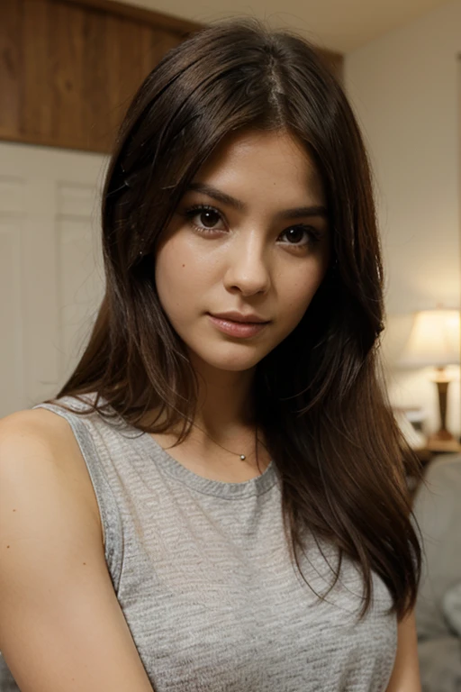 a beautiful young woman, cute woman, pretty woman, face detailled, lightnning luminosity, persistant regard, beautiful look, detailed portrait, realistic, long black hair, gorgeous face, plump lips, black eyes, small nose, dimple, high quality, 8k, hyper realistic, photorealistic award winning, studio lighting, latina girl, mixed race, bronze, little face, cute face