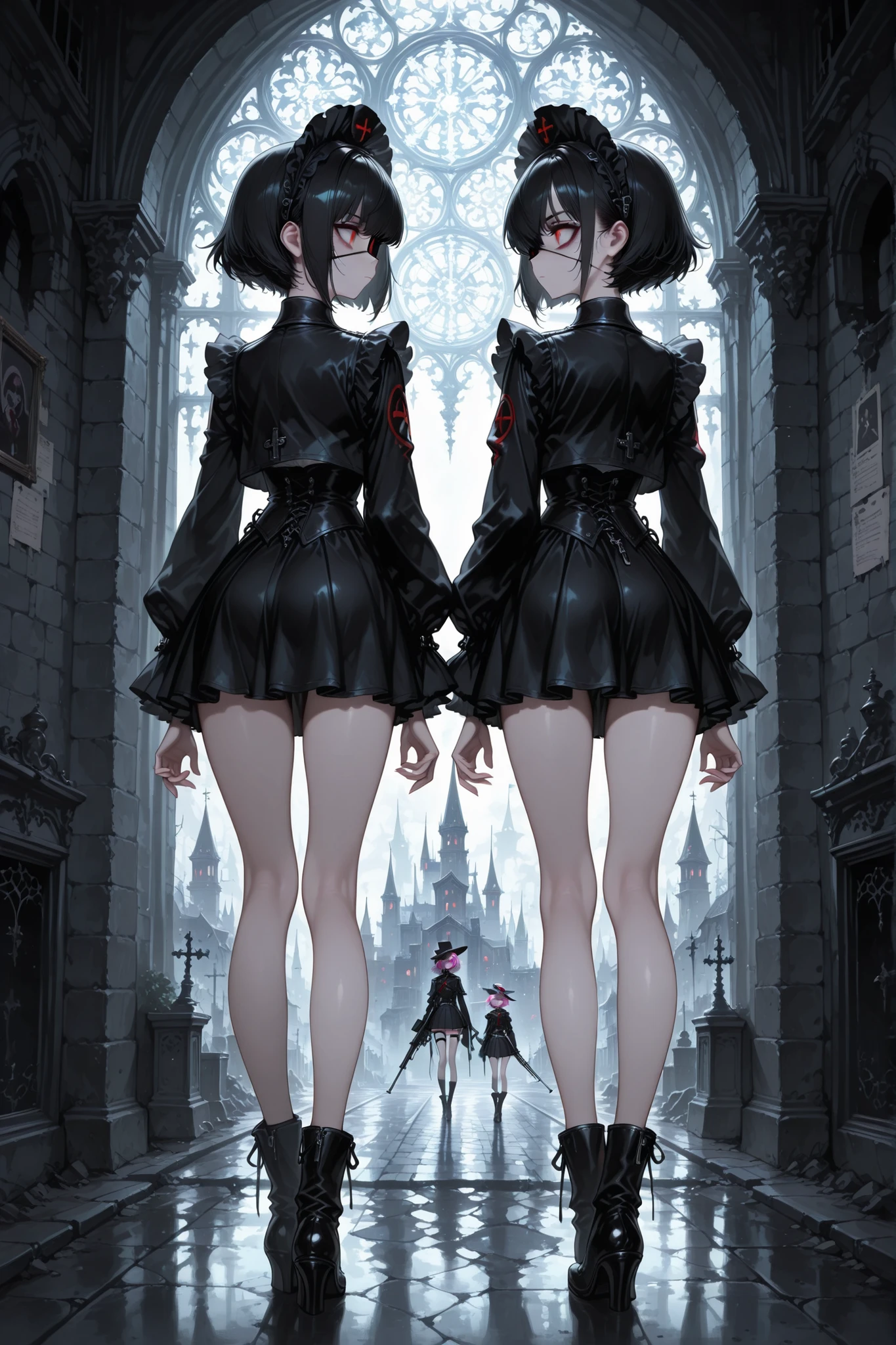 A sexy and charming girl in a wide black hat stands in the castle courtyard, Eye patch,Sniper Girl, 17th century clothing mixed with 21st century clothing, short skirt, vulgar and vulgar second person, Psychosis, psychiatric abandoned hospital, double personality , two-person headdress good and evil, body view , full length, in the hands are looking at each other,