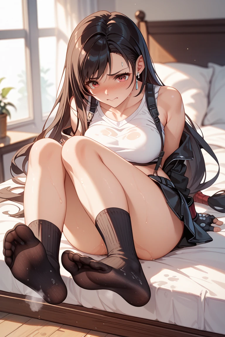 One Woman、Cute Woman、Thighs、Best image quality、High resolution、masterpiece、super high quality、Spread your legs、Grey bra、Grey panties、I can see her panties、Small ass、Small breasts、Blushing、4K quality、Blushing、Proud face、Wearing black stockings、bed、Spread your legs wide、Panty Shot、Sweaty all over、Heavy breathing、My breasts are bouncing up and down、heart、Sticking out tongue、Low - Angle
