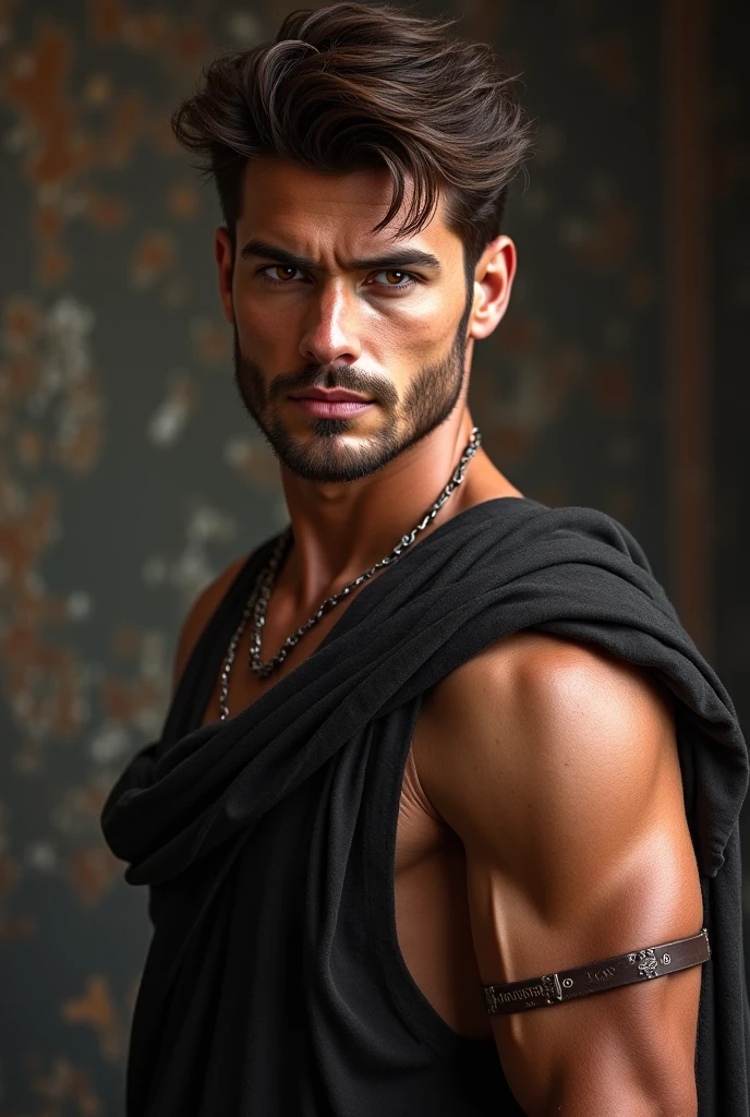 (Handsome man, Typically black or dark brown, though some individuals might have lighter shades due to genetic mixing.
Facial Features: A combination of high cheekbones, almond-shaped eyes, and strong jawlines, reflecting both their Central Asian and Mediterranean heritage. 24, muscular, sexy, medieval times, pale olive skin