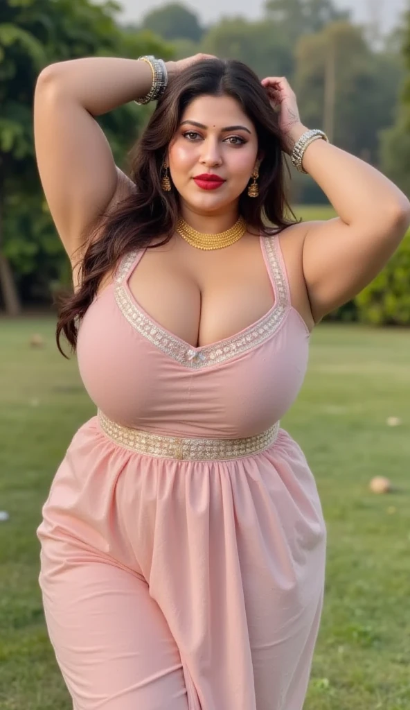 a beautiful, thick female, a mature woman biggest ass in a pink top and pink long skirt, widest hips, with largest breast, ((covered breasts)), extremely plump, she has a jiggly fat round belly, buxom chested, at garden with tree