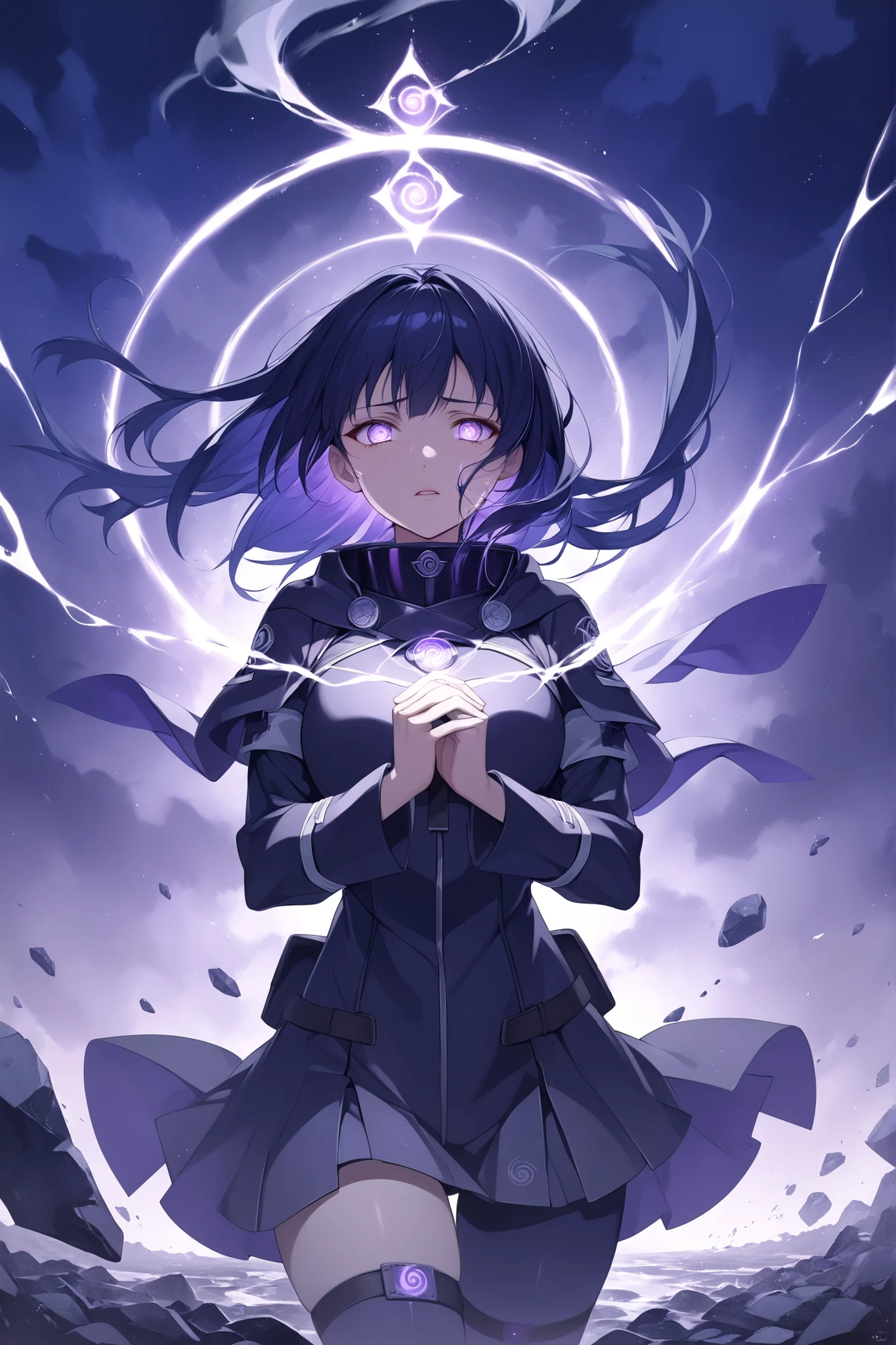 (masterpiece), (RAW 8K), (anime-real fusion), (ultra photorealistic), medium close-up shot, dramatic moody lighting. Hinata Hyuga reimagined as Voidwalker — standing in a composed yet tense stance, shoulders slightly hunched forward, glowing pale Byakugan eyes gazing forward with restrained fury. Her lips are parted slightly, breathing heavy, brows furrowed with emotion and focus.
Wearing a custom dark spectral combat suit — sleek, tactical, and slightly asymmetrical. The outfit features layered matte-black fabric with iridescent violet undertones, reinforced with glowing chakra seams across her chest, arms, and sides. No Akatsuki cloak. Instead, a high-collar mantle with rune-etched patterns wraps around her shoulders, rising slightly as if reacting to the void energy.
**From her back, shoulders, and arms — smoke-like void chakra leaks slowly**, forming tendrils that float and drift around her like creeping mist. The chakra looks heavy and dense but moves with supernatural smoothness, swirling around her body and merging with the background like a living entity.
Her long midnight-blue hair flows naturally, some strands floating from the energy pressure. Her Hidden Leaf headband is nowhere to be seen — symbolizing full separation from her past. One of her hands is lightly clenched, with faint cracks of violet light seeping through the fingers.
Background: surreal dimensional battlefield, broken stones and floating terrain, dark violet sky torn with glowing rifts. Light mist and void particles drift around her. Quiet tension fills the air like a storm is coming.
