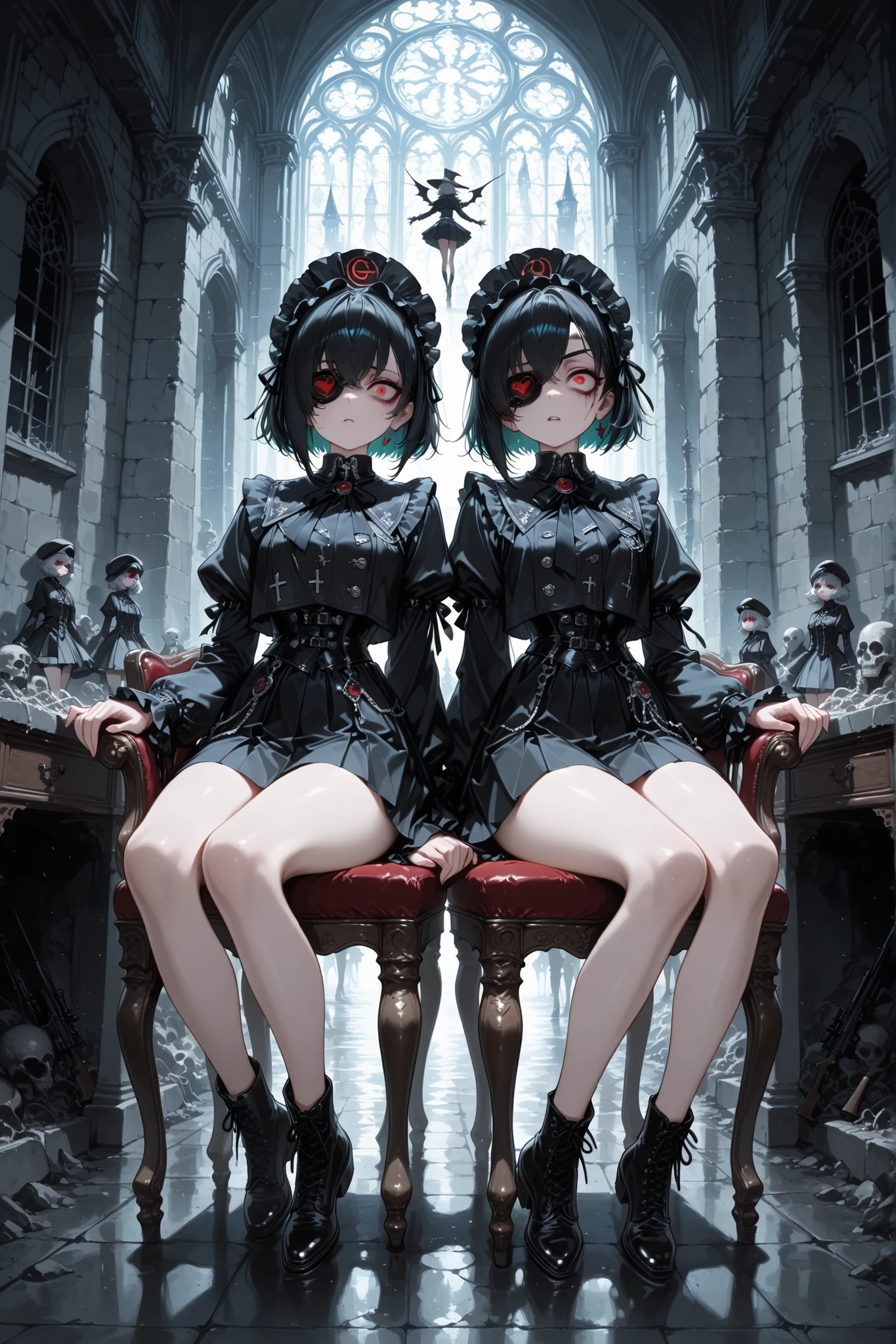 A sexy and charming girl in a wide black hat sits on a chair in the castle courtyard, Eye patch,Sniper Girl, 17th century clothing mixed with 21st century clothing, short skirt, vulgar and vulgar second person, Psychosis, psychiatric abandoned hospital, double personality , two-person headdress good and evil, body view , full length, in the hands are looking at each other,