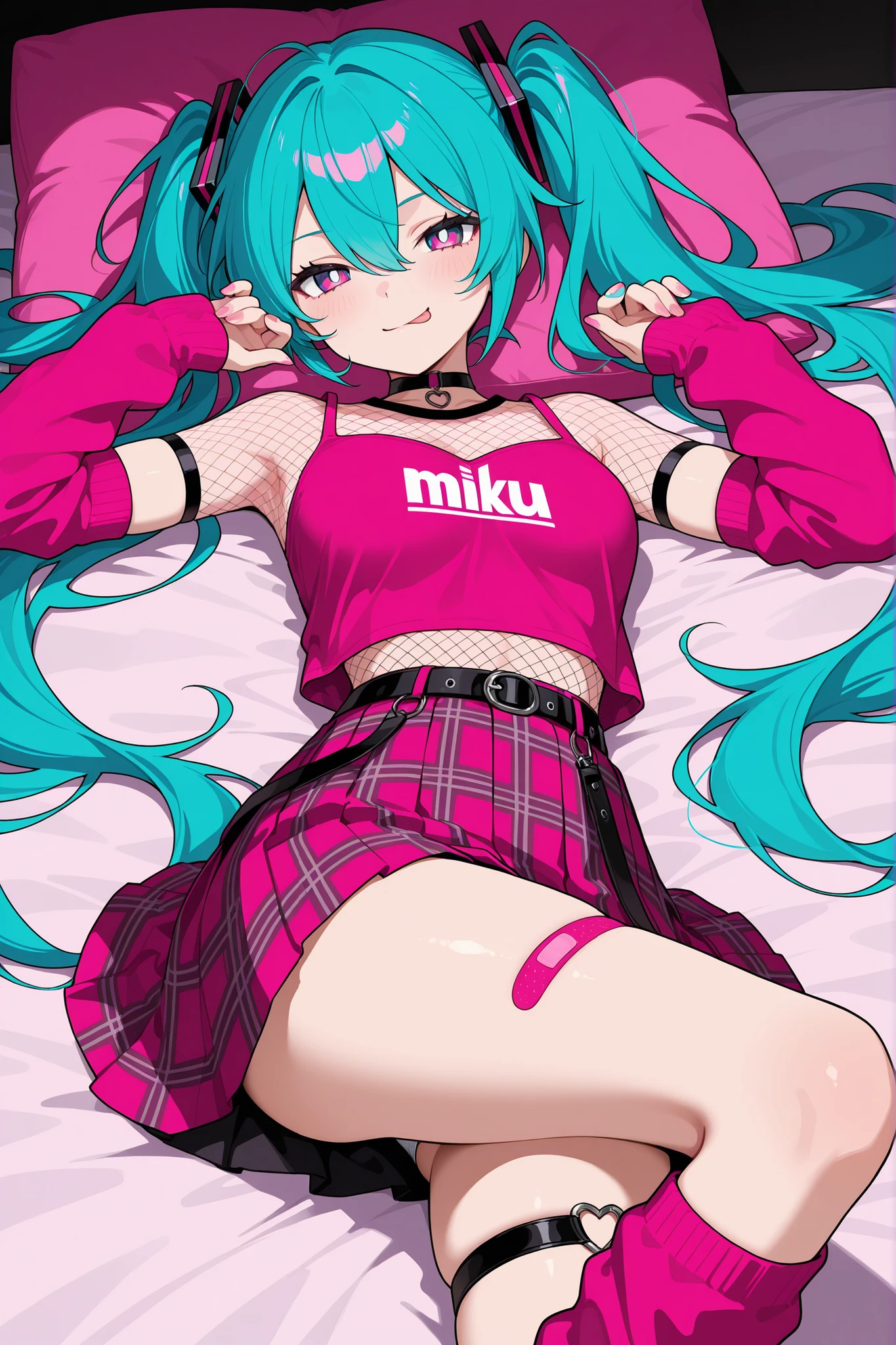 masterpiece, best quality, amazing quality, very aesthetic, safe, hatsune miku, 1girl, on bed, on back, smirk, :p, aqua hair, long hair, twintails, pink highlights, hair between eyes, pink eyes, white pupils, medium breasts, alternate costume, choker, pink blouse, fishnet top, pleated skirt, plaid skirt, thigh strap, arm warmers, leg warmers, bandaid, [panty peek], pillows, absurdres, lineart, (colorful)