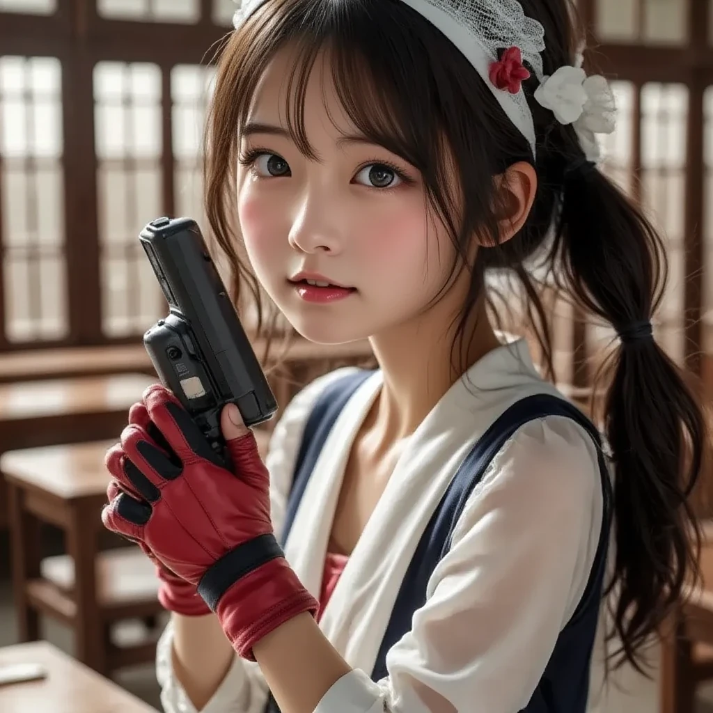 ((Maste Piece, High quality, Best Quality, Hi-Def, Ultra-detailed, 8K:1.4)), valentineSG, 1girl in, Solo, Crazy smile, Red Eyes, Large breasts, gloves, hat, Cleavage, poneyTail, Choker, White Gloves, Hair over one eye, Blood, blood on face, Blood on clothes,  between breasts, scarred, Nurse Cap, Nurse, Knives, between fingers, thermometer, emergence room, creepy atmosphera, depth of ﬁeld, holding knive、