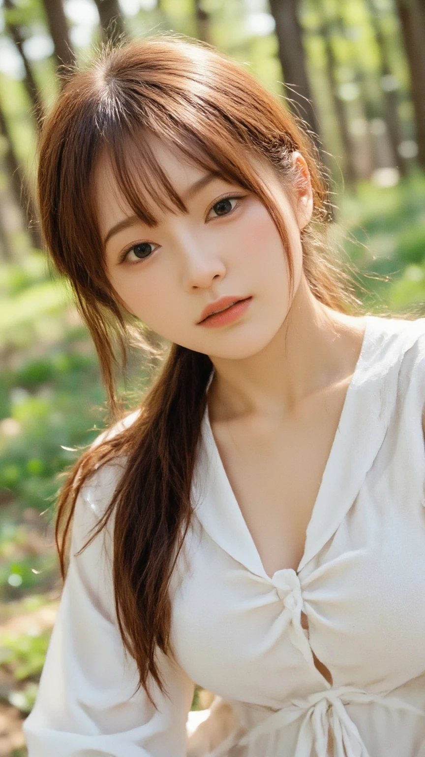 1 Japanese female, 30 years old, Very beautiful, (very cute), (Very detailed美しい顔), Great face and eyes,(Flower Hair Ornaments,Braided top knot,Twisted Side Part Ponytail Braided Headband,Half Up、Braided Space Van,Voluminous fishtail braid,Twisted pan),(Asymmetrical bangs),, My eyes got a little brighter, Dolly Makeup, (Loose-fitting see-through blouse(Cream:1.2))、(Micro Mini Skirt(Light blue)), (highest quality:1.4), (Very detailed), Very detailed CG 統合 8k 壁紙, Surreal, (Photorealistic:1.4), Raw photo, Professional photography, Cinema Lighting, Realistic portraits, (Depth of written boundary:1.4), (View Photographer:1.3), (In a park with a pond),Glamorous Beauty、 (Large Breasts:1.2)、Cleavage、Voluptuous thighs、 (Whole Body Ezbian), Accurate Eyes, Beautiful mouth, (Keep your mouth completely closed), (evening:1.3), (Looking at the camera), (Amazing sunset:1.25), A smile that makes people happy、A photo showing you from head to knees、Her face is exactly like Saito Asuka