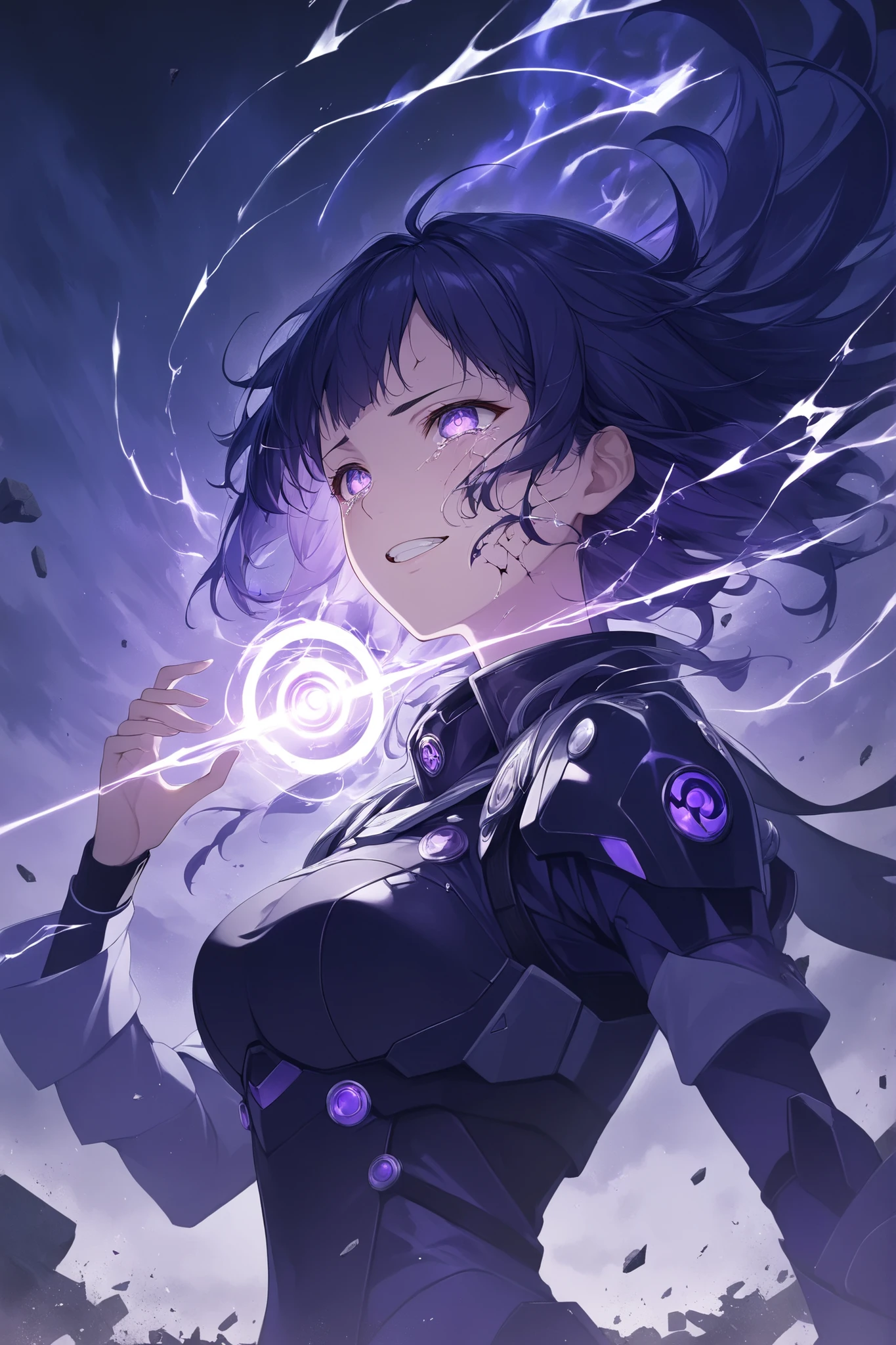 (masterpiece), (RAW 8K), (anime-real fusion), (ultra photorealistic), medium shot, dramatic contrast lighting, slight upward angle. Hinata Hyuga in her Voidwalker form, captured in the middle of a maniacal laugh. Head tilted slightly back, mouth wide open in an unhinged grin, eyes wide with pale glowing Byakugan radiating unstable light. Eyebrows sharply arched, tears of rage and madness glistening in her eyes — an expression that is equal parts grief, fury, and broken triumph.
Wearing her unique Voidwalker combat suit — sleek, form-fitting, black-violet layered tactical armor with arcane rune detailing and soft flowing spectral fabric across shoulders and waist. The fabric floats unnaturally from void energy. Her hair is wild and slightly disheveled, long midnight-blue strands swirling with the force of leaking chakra.
**From her back and arms, dark void smoke-like chakra pours outward violently**, swirling in jagged tendrils and chaotic curls — like living smoke driven by raw emotion. Her fingers are slightly spread apart, glowing with faint cracks of violet energy along the skin.
Background: shattered dimension with warping gravity — floating debris and broken terrain, eerie violet light breaking through a torn sky. A spiraling rift glows behind her. Blood spatters faintly on her cheek and outfit. Air is heavy, filled with silence between dimensions — but she laughs through it all.