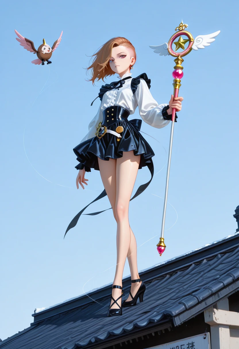 giantess art, highly detailed giantess shots, giantess, Two legs, Five fingers, short hair, A beautiful girl who is bigger than a skyscraper, Wearing rimless glasses, smile, Big Breasts, pink dress, bow, magical girl, holding a magical wand, black pantyhose, pink stiletto heels, thunderbolt from a magical wand, Destroying cities, A very small big city, Miniature metropolis, Full body description, GTS, giga giantess, stomping city, crash city, tiny city, micro city, pantyhose feet, High resolution, highest quality, masterpiece,