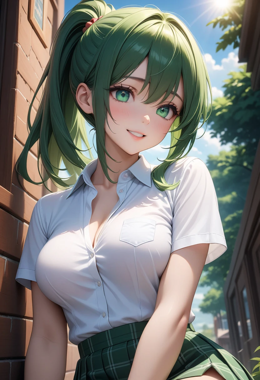masterpiece, best quality, outdoors, 
leesiyoung, 1girl, solo, looking at viewer, breasts, large breasts, yellow eyes, green hair, shirt, white shirt, blush, bangs, skirt, long sleeves, black skirt, long hair, cleavage, collared shirt, mole, collarbone, mole on breast, frills, hair between eyes, arm behind back, 
<lora:LoRA_LeeSiYoung:0.9>,