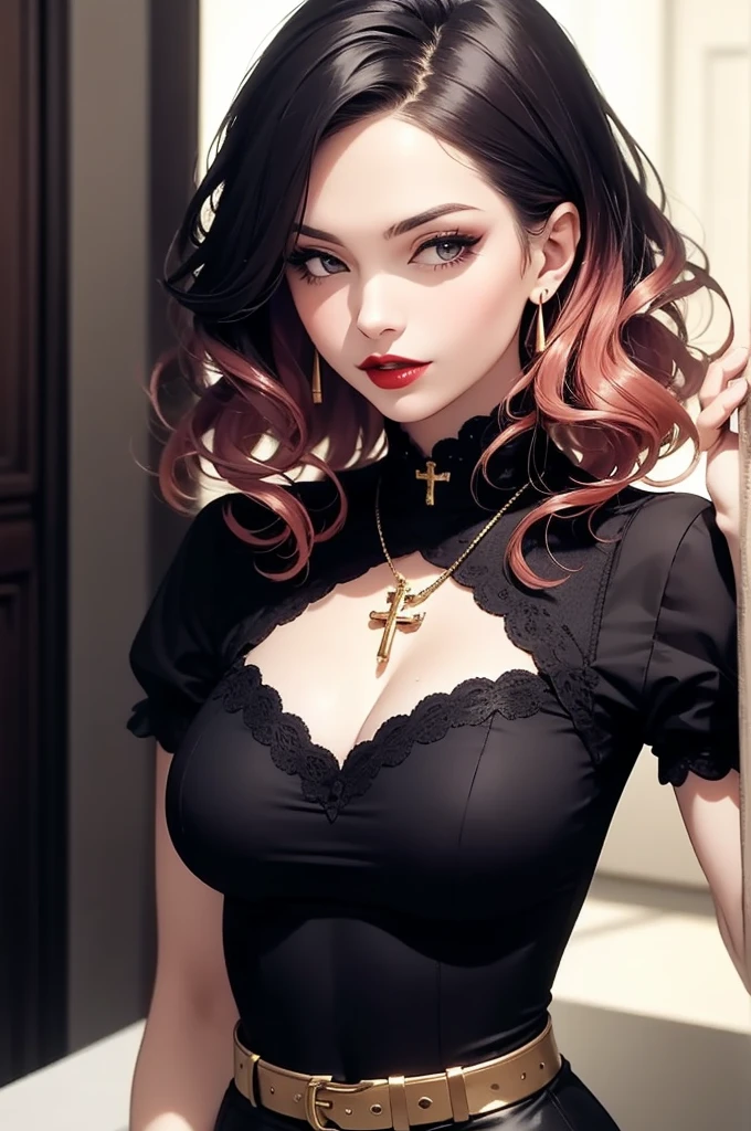 The image displays a young woman with a style reminiscent of the 1920s fashion blended with a modern twist. She has wavy hair, short at the nape with longer, voluminous curls on top, dyed with a transition from dark brown to pale pink. Her makeup is flawless, featuring lined eyes, long lashes, and red lips., She wears an elegant short-sleeved black blouse with a polka dot pattern and details of golden hearts, and sports a matching belt that cinches her waist. The blouse has a modest neckline and is adorned with a hanging cross pendant. Accessories include various bracelets and bangles of gothic style, as well as large hoop earrings., Her stance is flirty and confident, with one hand on her hip and the other gently touching her neck, giving the impression that she is posing with assurance and a playful attitude., masterpiece, textured skin, super detail, best quality, highres