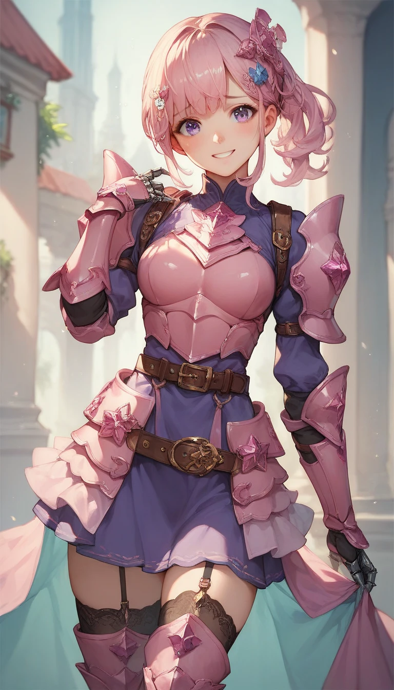 masterpiece,best quality,perfect face,intricate,beautiful scenery,ultra realistic 8k CG,perfect artwork,1girl,dragon quest the adventure of dai,maam,large breasts,beautifuleyes,narrow waist,realistic,solo,outdoor,glassland,
armorMaam,pink hair,ponytail,armored dress,armor,armored legwear,single gauntlet,pantyhose,(fists,fighting stance,dynamic pose:1.2),from_below,<lora:dqmaam-nvwls-v1:0.8>,