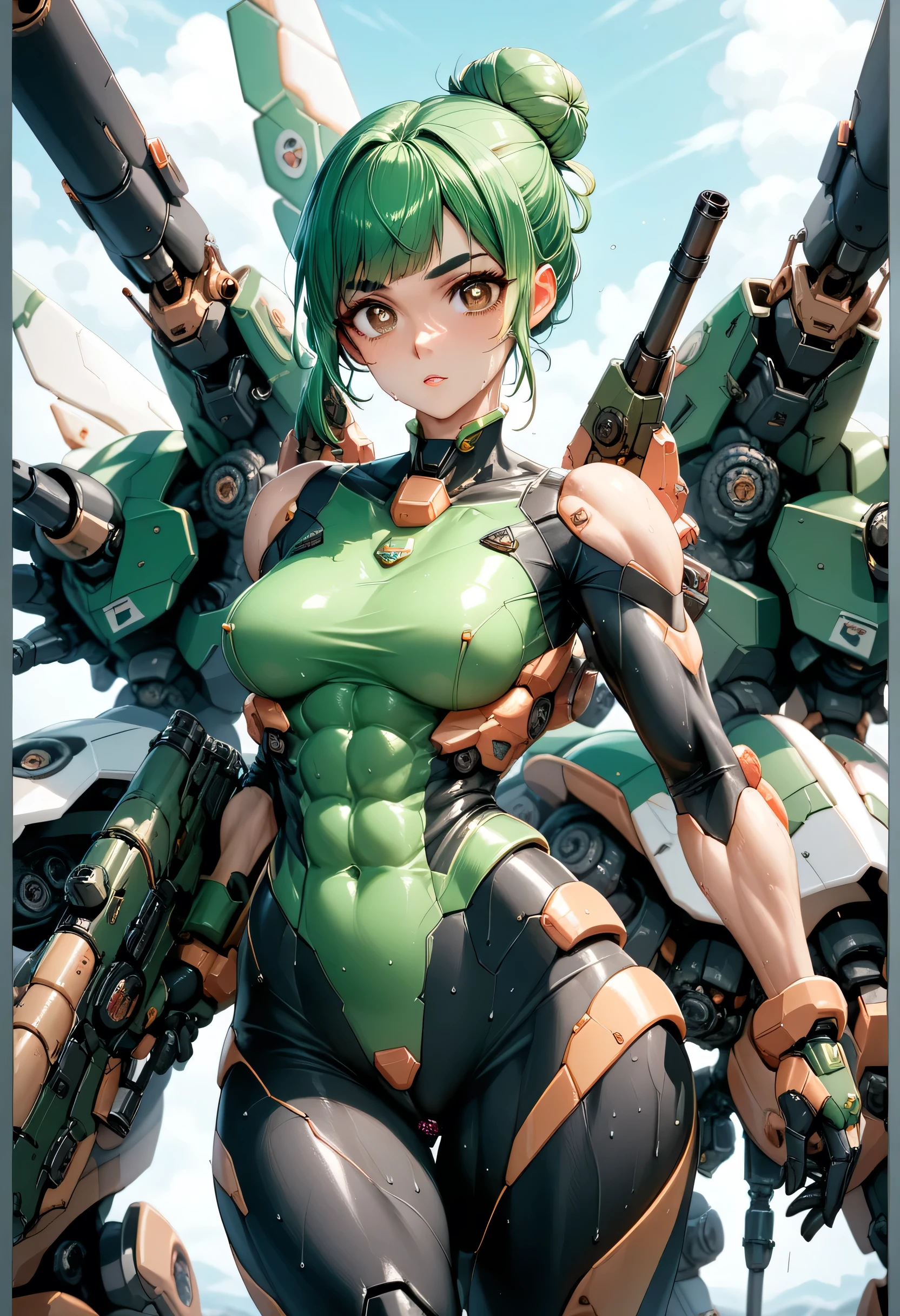 1girl, Short Red Hair, Boyish Hair, Green Eyes, Happy face, Open mouth, Smiling, Green and Black Mecha Pilot Suit, Piloting humanoid Mecha, cockpit, Normal breast,