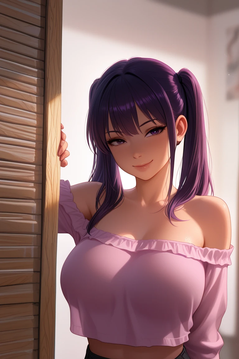 (masterpiece), high-definition, top view, korean girl, big boobs, cleavage, big hips, messy dark purple hair, orange eyes, grey tanktop, grey leggins, balcony, leaning on the railing, sunset