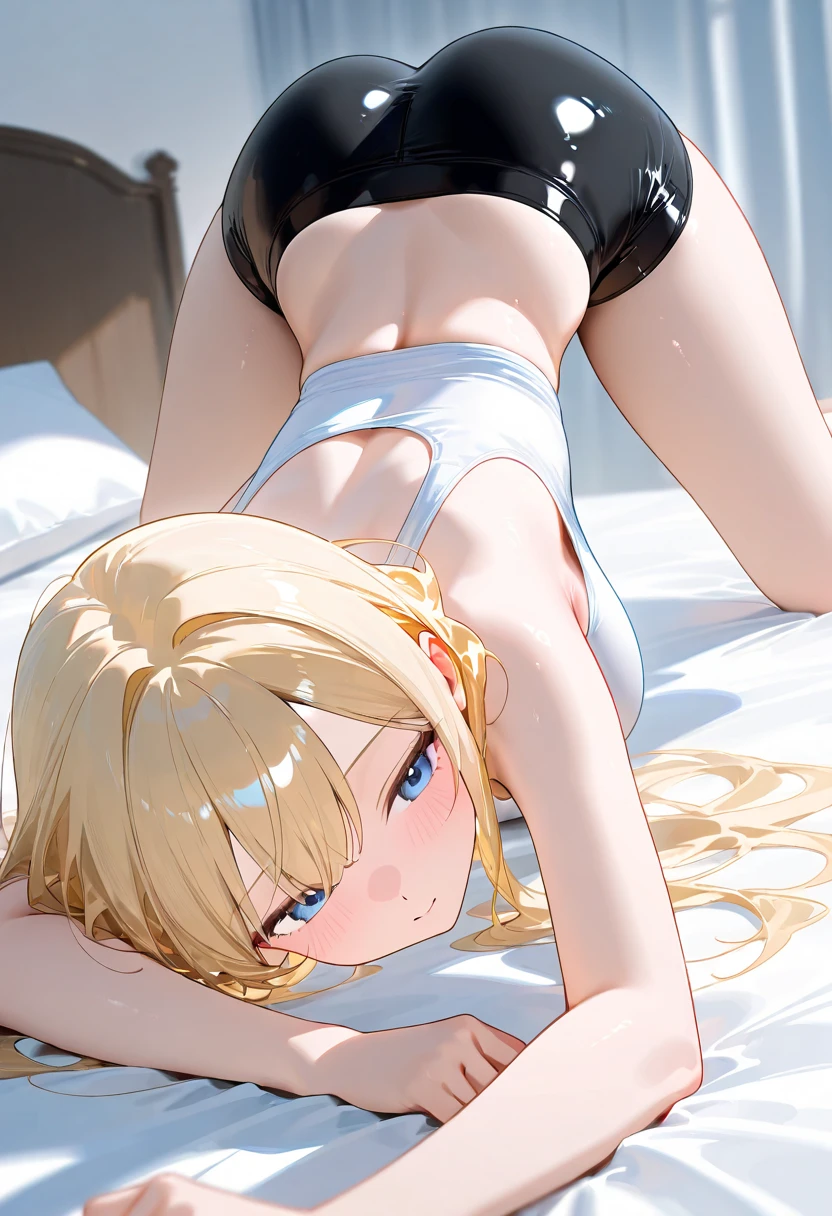 masterpiece, best quality, ultra detailed, ultra high resolution, very detailed face, solo, anime, 20 years old girl, slim, (((lace underwear))), (((crawl on all fours))), ((golden short hair)), medium breast, little smile, in the room