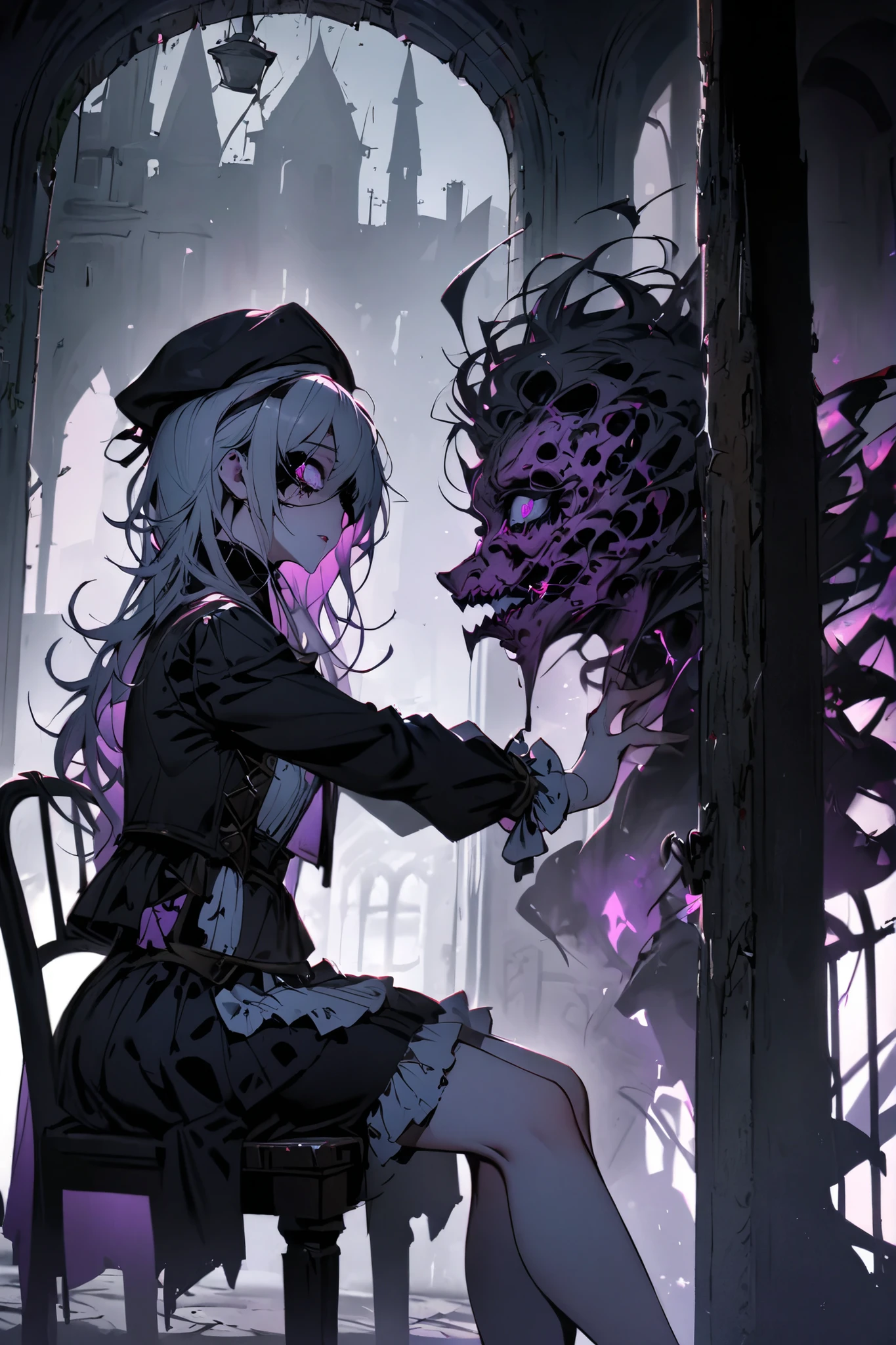 A sexy and charming girl in a wide black hat sits on a chair in the castle courtyard, Eye patch,Sniper Girl, 17th century clothing mixed with 21st century clothing, short skirt, vulgar and vulgar second person, Psychosis, psychiatric abandoned hospital, double personality , two-person headdress good and evil, body view , full length, in the hands are looking at each other,