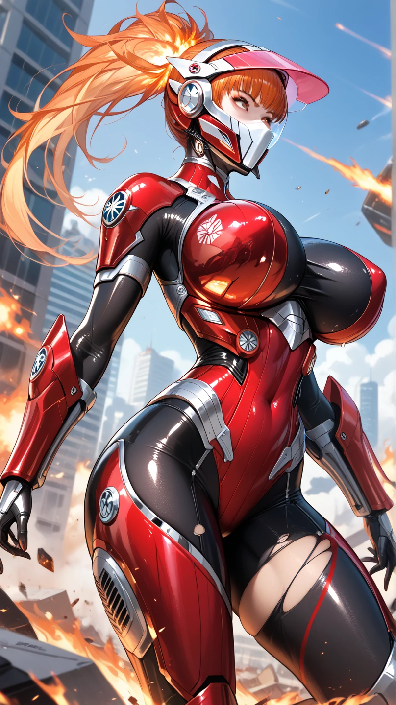 ((One girl/Ultraman Next/Giant/Helmet with mask)), Unreal Engine 5/Mortal Kombat, Anime Style, Maximum resolution/quality/Sharpness/More details,Huge breasts,Looking/encounter/Exhibitionism/Have a futuristic gun/Hate speech, In a rainy future city/Thunder.