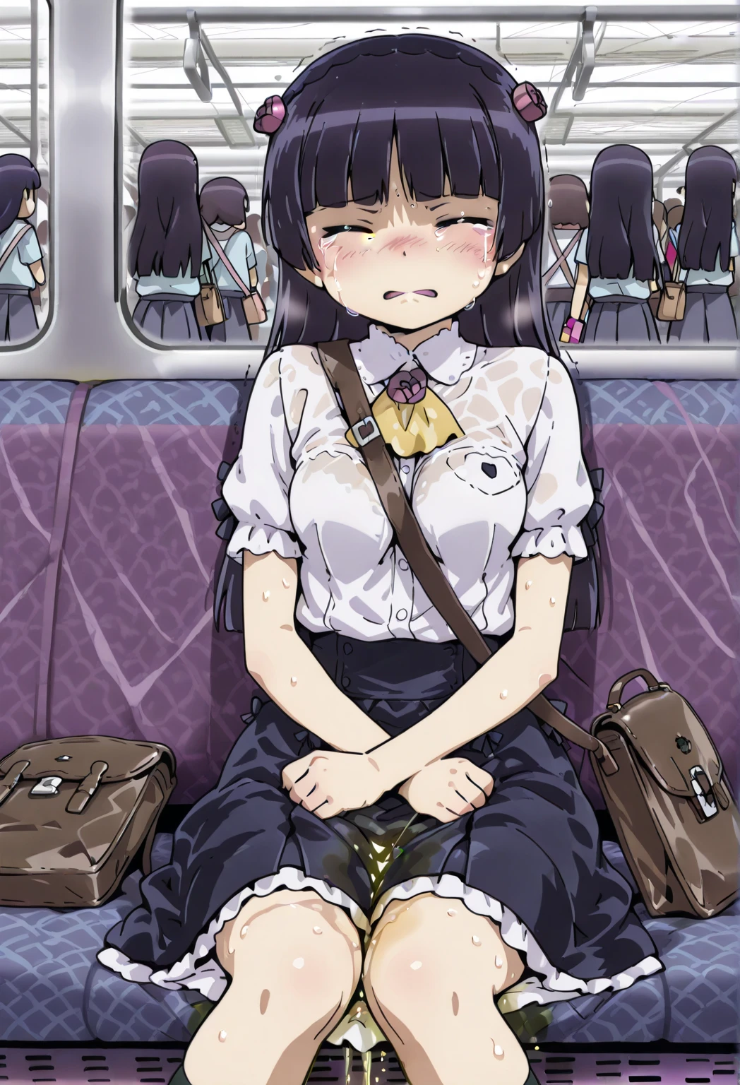 Illustration of a Japanese college student with long black hair and a big pale ass、A cute, innocent 19-year-old college student is stripped naked on a train seat, made to lie on the lap of a man sitting there, and is given a public spanking as a warning to others.、While crying unreasonably, she is spanked on her well-developed ass. Her ass jiggles every time it is spanked. People around her laugh and take pictures of it on their smartphones.々There are