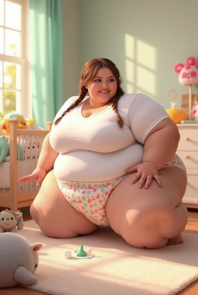 A happy Gamer photo of a young beautiful bottom heavy Gamer redhead ssbbw with pear-bodyhape, extreme wide hips, with long ginger hair soft fat belly, extremely wide fat obese hips, very obese legs, thick fat wide legs and fat arms, huge wide butt, cute pretty face, fat saggy breasts, in comfortable gamer clothes, Wearing a headphone on her head, sitting on a couch eating a lot of snacks, there is a pizza and a lot of snacks next to her on the couch, barefoot on a fluffy carpet