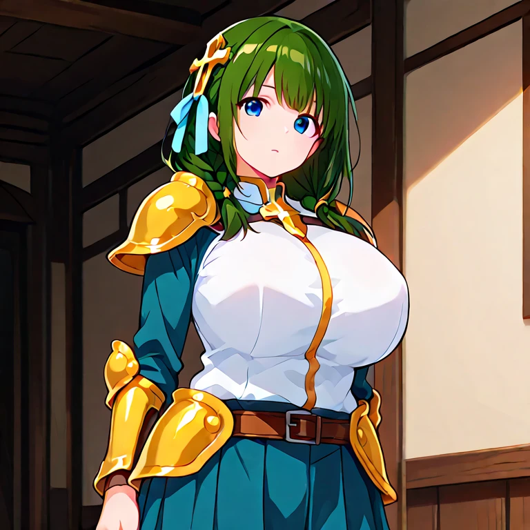 chest, Big chest, Gauze, Light blush, nurse,Thighs,whole body green hair, Bodysuits,Bob Hair, Looking up