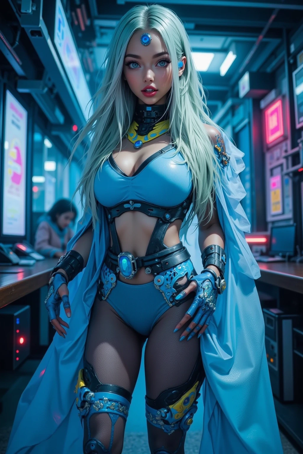 D_E_Ell, blue lips, facial mark,, (acclaimed, alluring, captivating, exciting, gorgeous, striking:1.3)