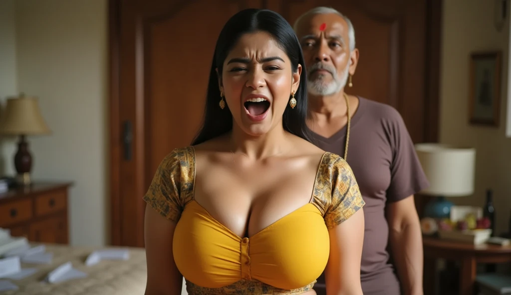 A beautiful married woman is getting rape in a market, men around her trying to make her naked by taking off her saree, she is screaming, everyone holding her hands and breasts, she has hug breasts, red dot on forehead, bindi, crowd area, rap, sexy, porn, beautiful women, pretty face, hair tied in braid, braid hair. Necklace and jewellery , kneeling, screaming and crying, begging to stop, crowd, ((men around her)), ((men rape her badly)), rapping her on market road, she is begging to stop and crying, people taking off her saree, poor married woman