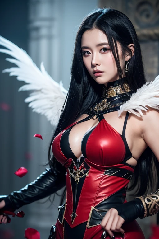 (巨作, Best quality:1.5), Beautiful girl, 8K, 50mm portrait, RAW photogr, absurderes, Delicate girl, , front footage, Giant wings, Marukotou Archangel, Captain Demon, Burgundy cheerleading uniform, Mini skirt, Skull Demon Knot, view the viewer, (Smile:0.6), The skin is the same as egg white,Panorama composition, Thin arms, Carry giant steel fork,a very thin waist, facelight, clear lighting, filmgrain, color difference, Stadium, (Bokeh:1.1), (Simple background:1.2)Angels and demons come together,1girl huge large breasts