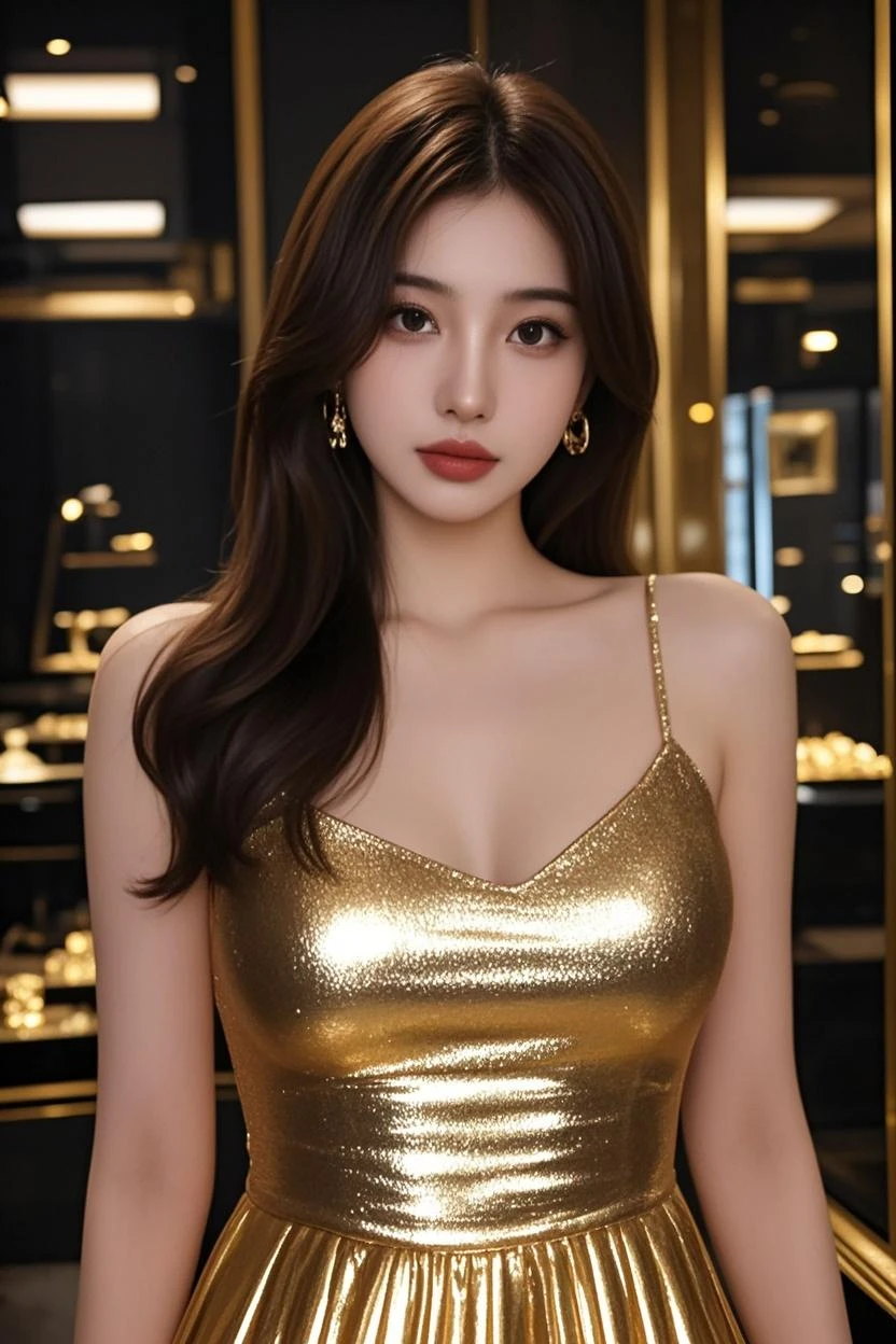 a Korean girl with long hair is wearing a tight dress, small waist, very long black hair, full lips, sensual makeup, black dress with gold details, beautiful woman, Jennie Kim, has cleavage, big bust, selfie, low light, High definition, Realistic, high definition, high quality, Kim Jennie, selfie, selfie of her face