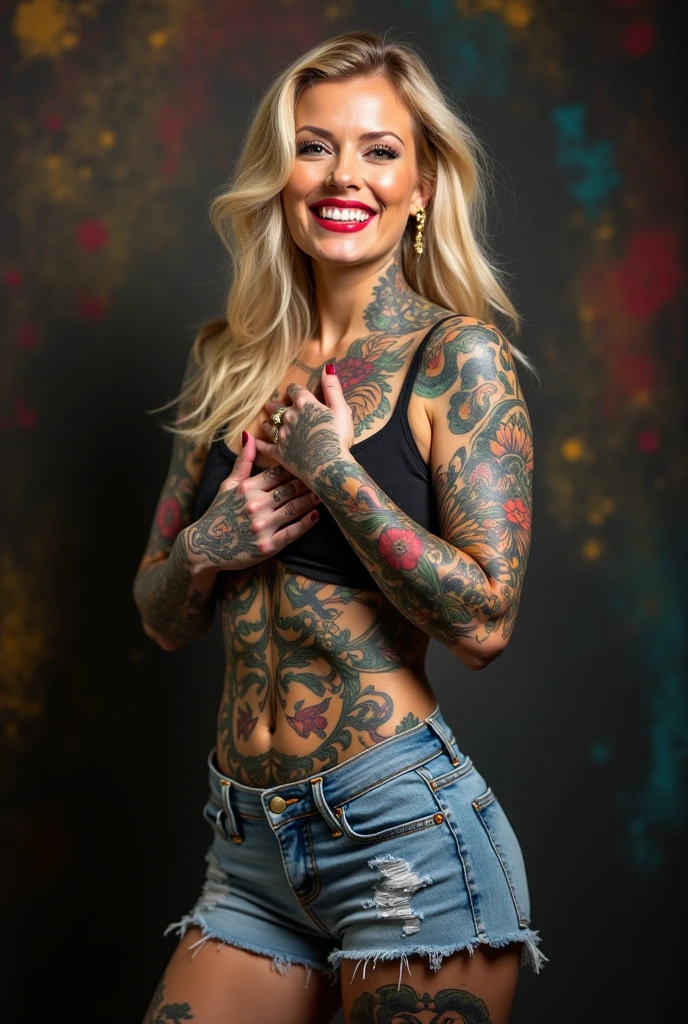 a woman in her late 30s, soft/rounded facial features, short stature, (lower set breasts:1.4), whole body covered in bright color tattoos, (chest tattoo), red bodycon dress, pokie nipples, honey blonde hair in a messy bun, (best quality,4k,8k,highres,masterpiece:1.2),ultra-detailed,(realistic,photorealistic,photo-realistic:1.37),vivid colors,studio lighting,extremely detailed tattoos,extremely detailed face and body