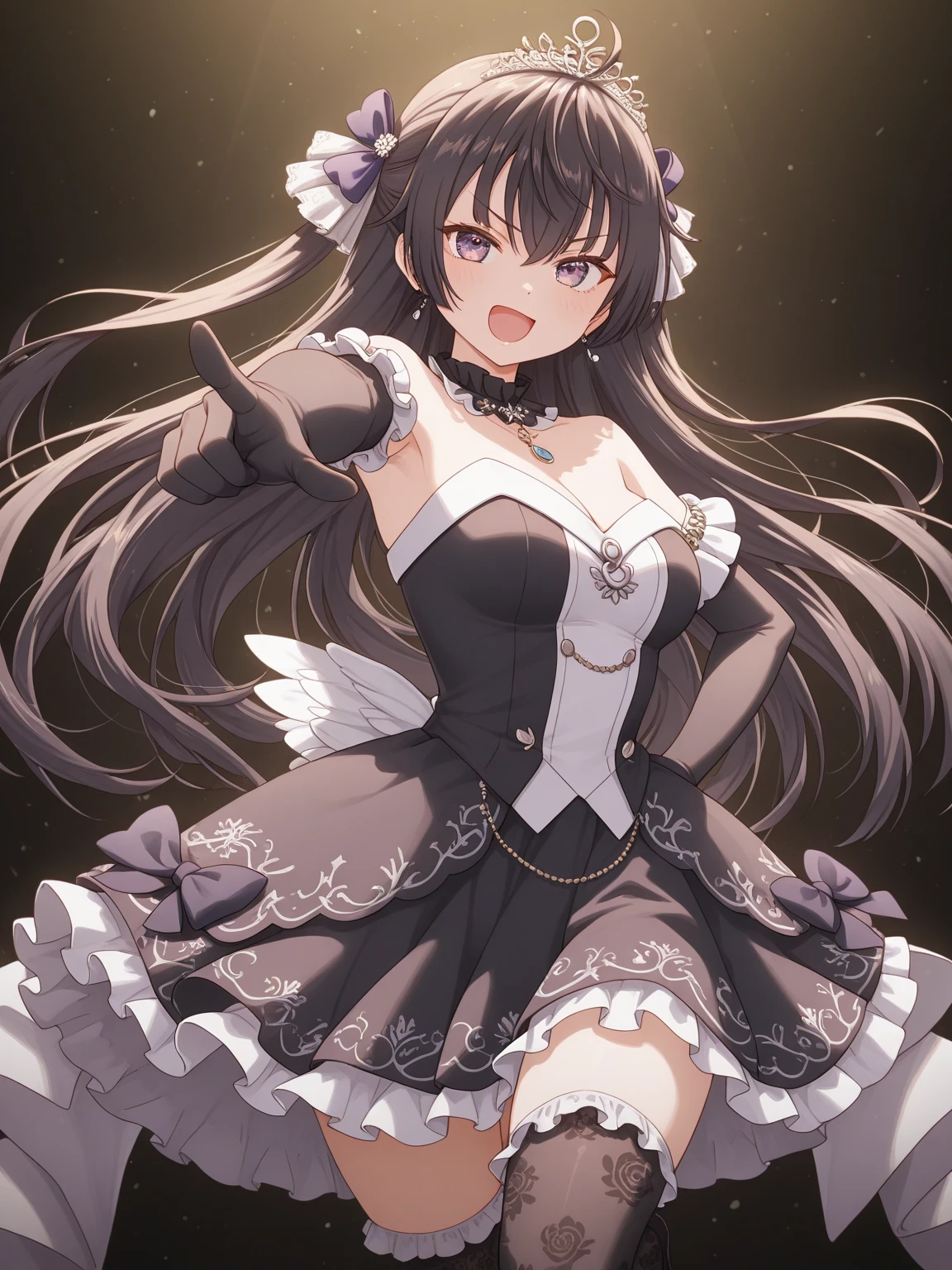 highest quality、All limbs、Full Finger、Slender beauty、Straight hair、Black Hair、,White and purple idol costume、Dark purple panties、Knee-high socks、Beautiful big breasts、Live Stage、sing、Dancing、Big smile