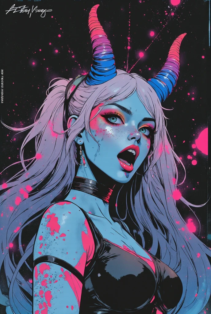 (best quality,4k,8k,highres,masterpiece:1.2),ultra-detailed,(realistic,photorealistic,photo-realistic:1.37),gothic woman,demon, demon horns,cyberpunk,red eyes demon like ,demon,extremely detailed face,long dark hair,sensual lips,pale skin,piercing,full makeup,black leather outfit,studded collar,fishnet stockings,platform boots,night cityscape background,neon lights,smoke and fog,reflective surfaces,glowing tattoos with intricate designs,blood red lipstick,sharp fangs,intense gaze,ominous aura,vivid colors,high contrast,dark shadows and highlights,ethereal beauty